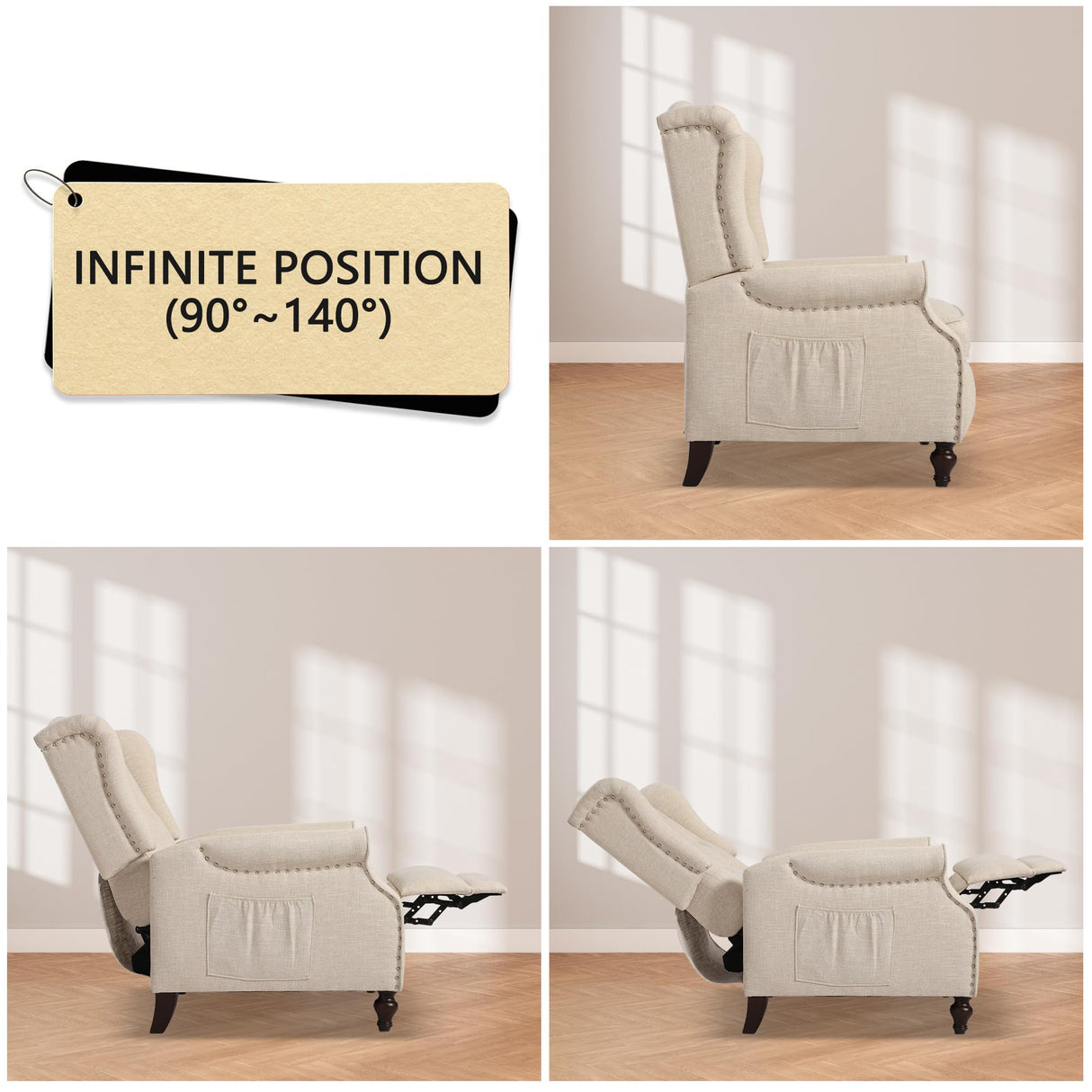 Mid-Century Wingback Recliner Chair with Massage & Heat, Accent Recliner with Nailhead Trim, Armchair with Side Pockets & Solid Wood Legs, Adjustable 3-Position Reclining Chair for Living Room, Beige GUEAPY