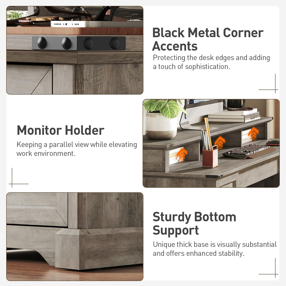 RALGEND 55'' Farmhouse Executive Desk with Drawers, Home Office Desk with File Cabinet and Storage Shelf, Charging Station, Computer Desk with Monitor Stand, Writing Gaming Desk, Greige RALGEND