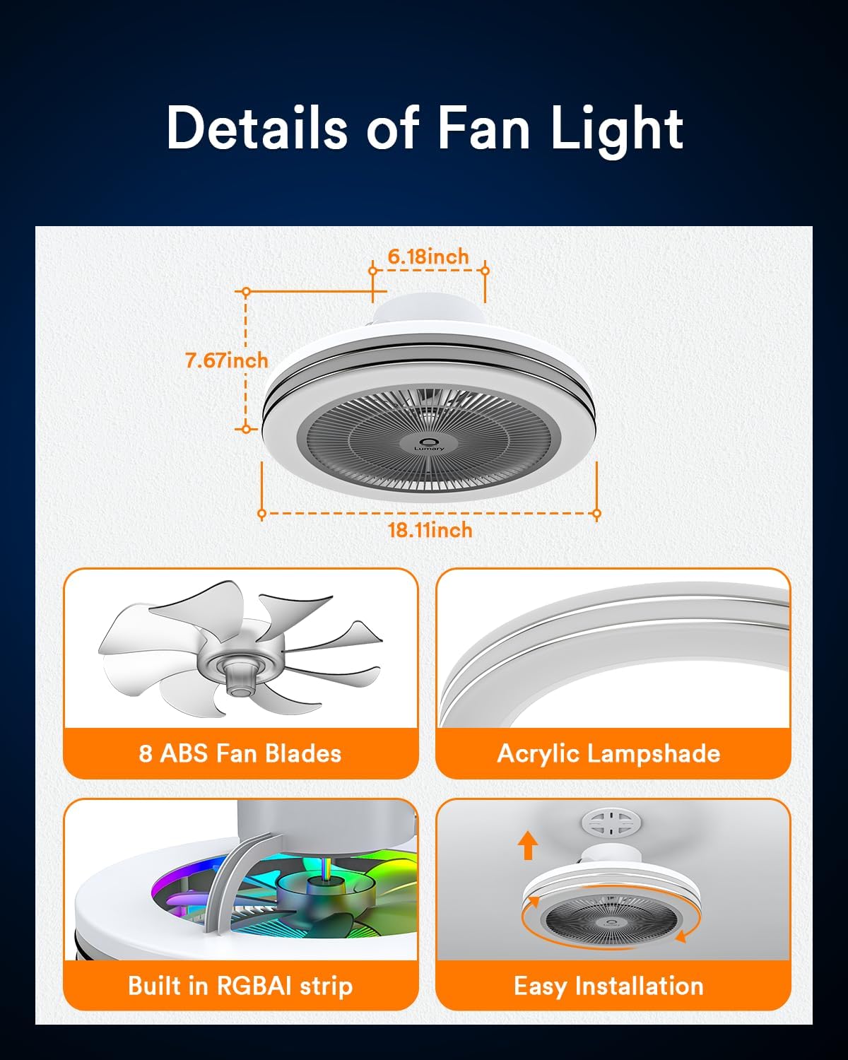 Lumary Smart WiFi & Bluetooth Ceiling Fan with RGBAI Light, Low Profile Ceiling Fan 18 Inch, 6 Speeds, Reversible - Compatible with Alexa, Google Assistant, Remote Control Lumary