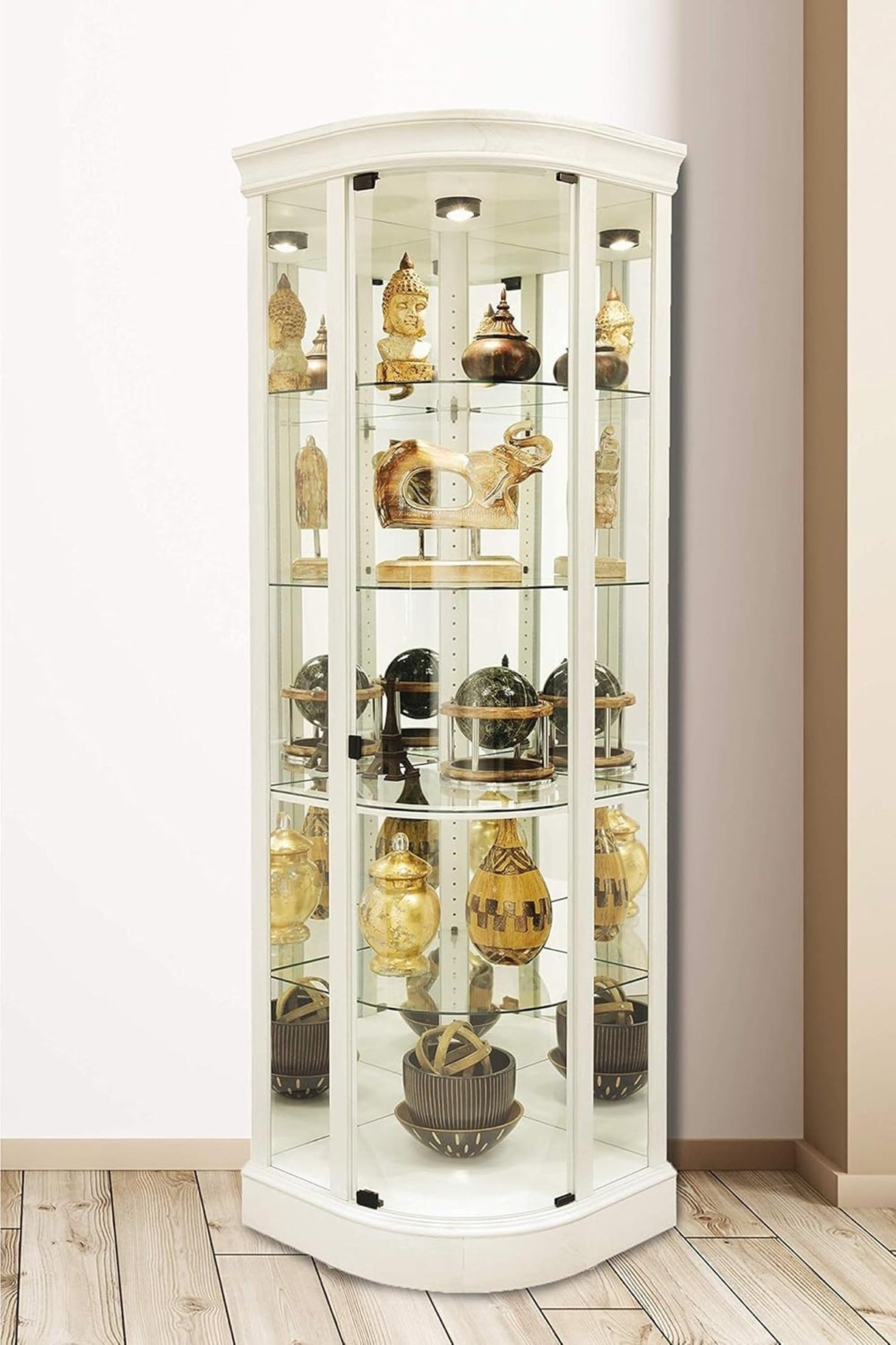 Howard Miller Marlowe IV Corner Curio Cabinet – Lighted White Wire Brushed Frameless Glass Door Mirrored Back Adjustable Glass Shelves Pad Lock Clips & No Reach Roller Switch Quality Home Decor Howard Miller