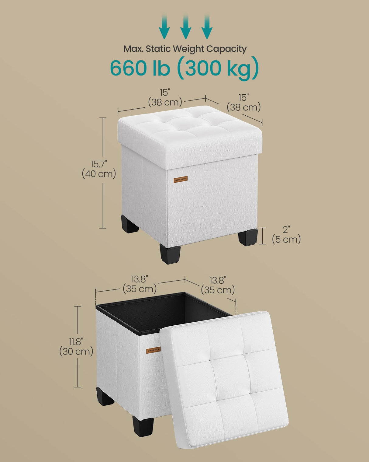 SONGMICS Storage Ottoman, Cube Ottoman with Legs, 15 x 15 x 15.7 Inches, Footstool, Footrest, 10 Gal. (37 L), Synthetic Leather, for Bedroom, Living Room, Dorm, Cloud White ULSF0512W02 SONGMICS