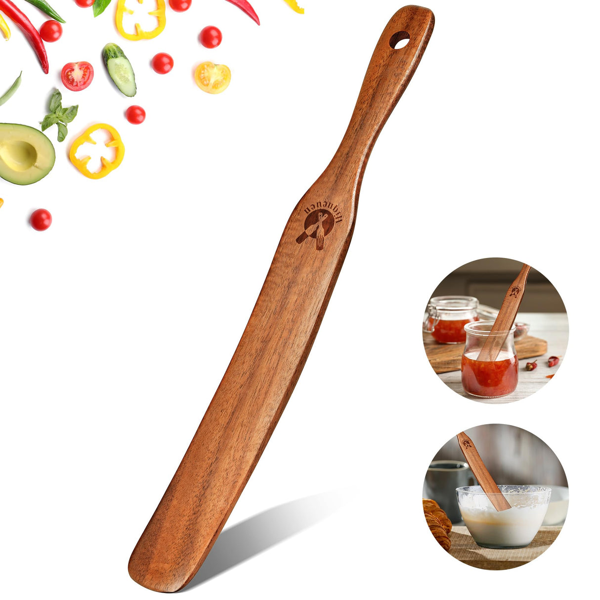 Skinny Spurtle for Sourdough Starter, Mixing, Reaching Bottom of Jar, Dough Whisk, Natural from High Moist Resistance Teak, Spurtles Kitchen Tools Wooden Kitchen Utensils for NonStick Cookware ICSTI