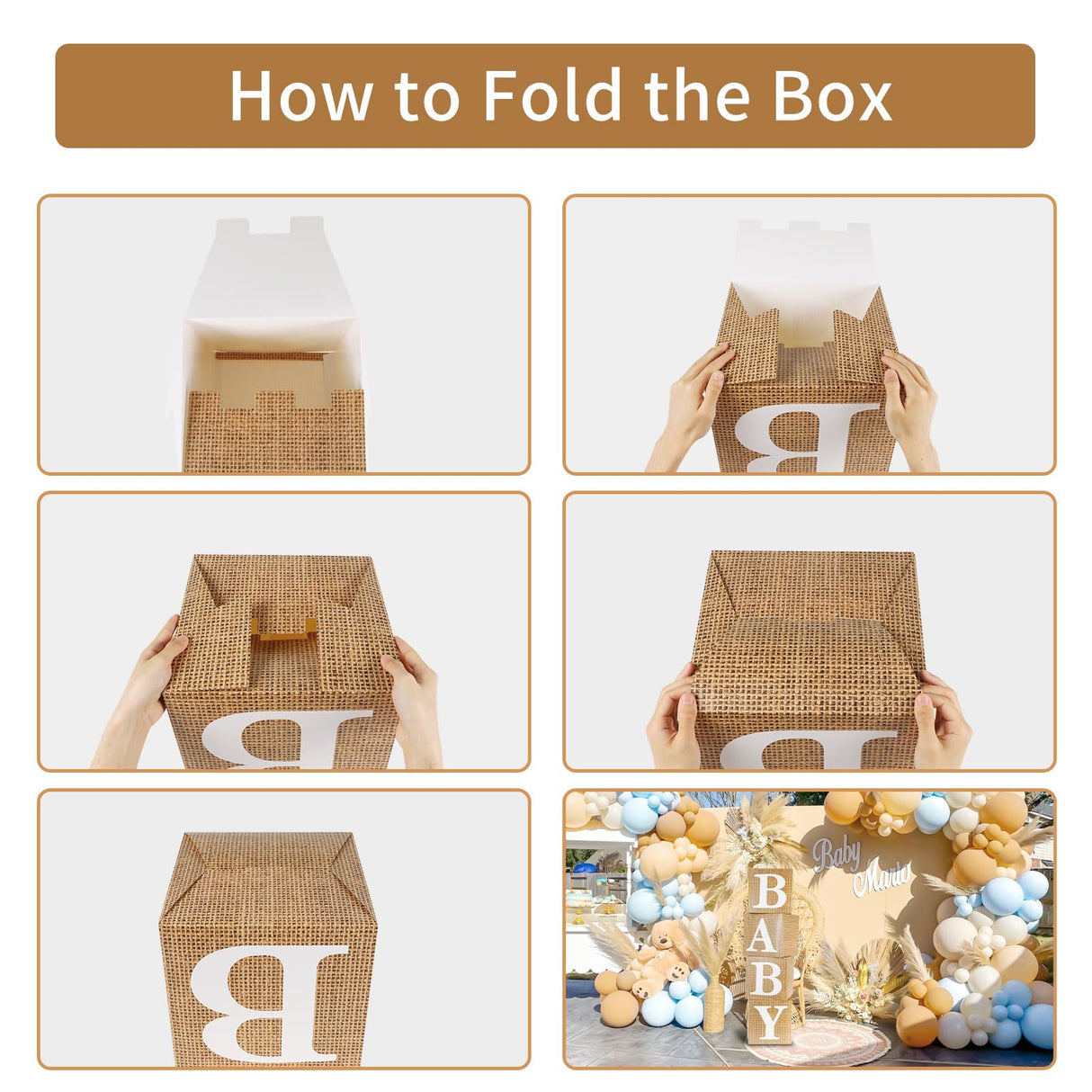 RUBFAC Baby Boxes with Letters for Baby Shower, 4pcs Rustic Farmhouse Style Boho Balloon Boxes with Burlap Grain for Birthday Gender Reveal Decoration Backdrop Photo Props rubfac