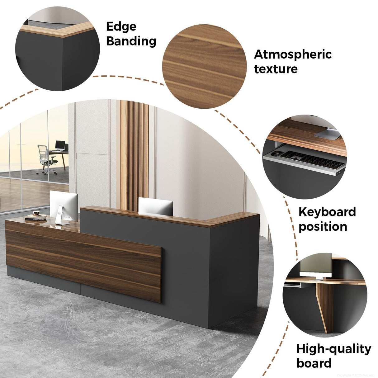 Modern L-Shaped Reception Desk with Hutch, Office Reception Counter Table with Lockable Drawer and Door Cabinet, Wooden Computer Front Desk (Walnut+lron Gray-Right Cabinet, 62.99"L*23.62"W*41.34"H) Nuipesn