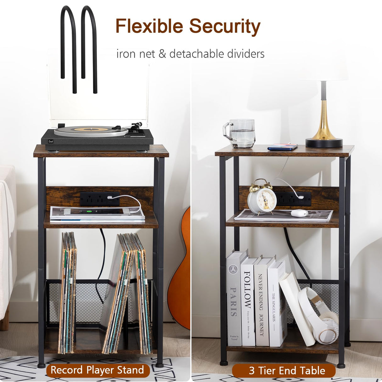 AMHANCIBLE Record Player Stand with Charging Station, Turntable Stand with Storage Cabinet, 3 Tier End Table Hold Up to 200 Albums, Record Stand for Vinyl, Living Room, Rustic Brown, HETCD01BR-1 AMHANCIBLE