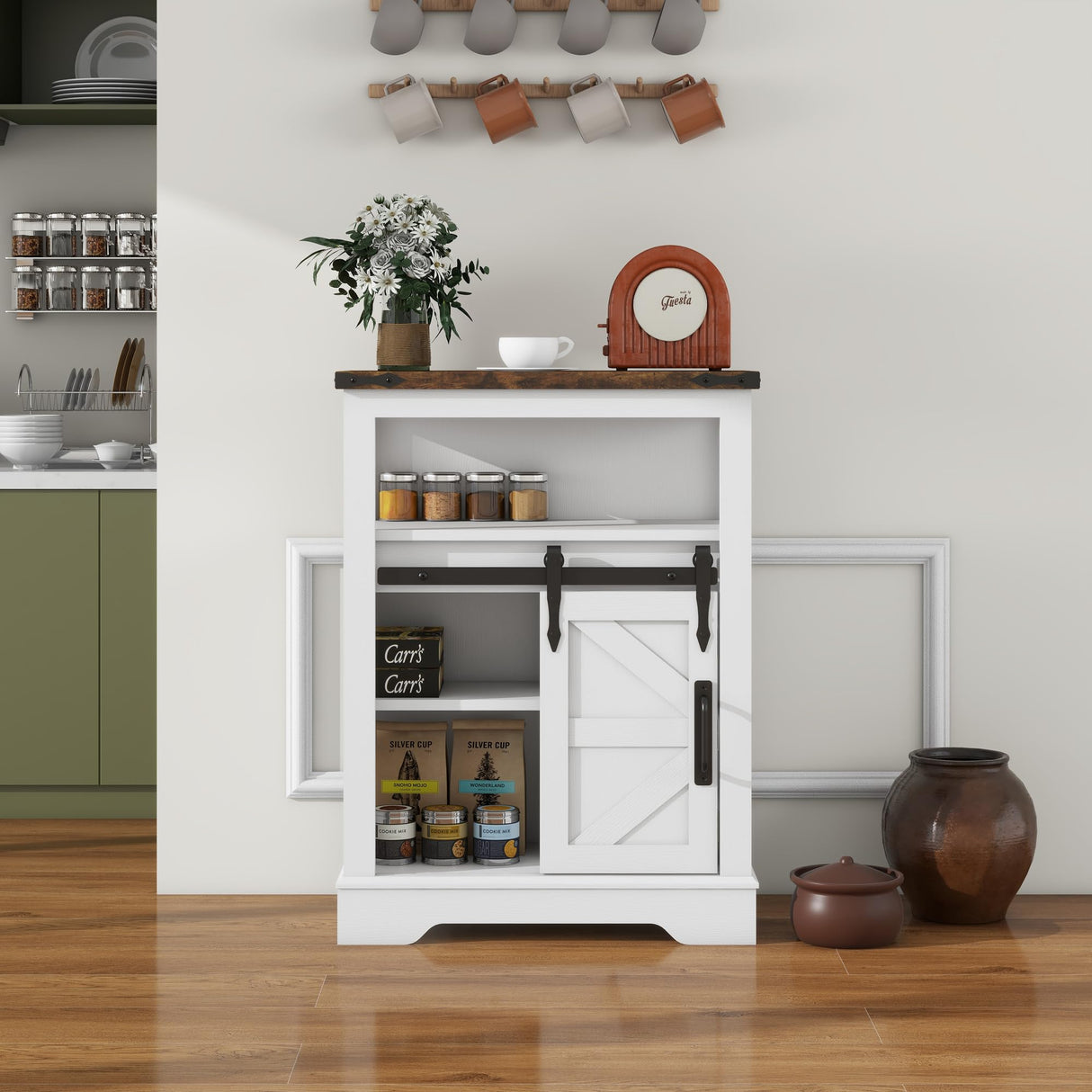 Panana Farmhouse Bathroom Floor Cabinet, Storage Cabinet with Sliding Barn 3 Drawers&Door Freestanding Small Cabinet for Bathroom, Kitchen, Laundry Room (White) Panana