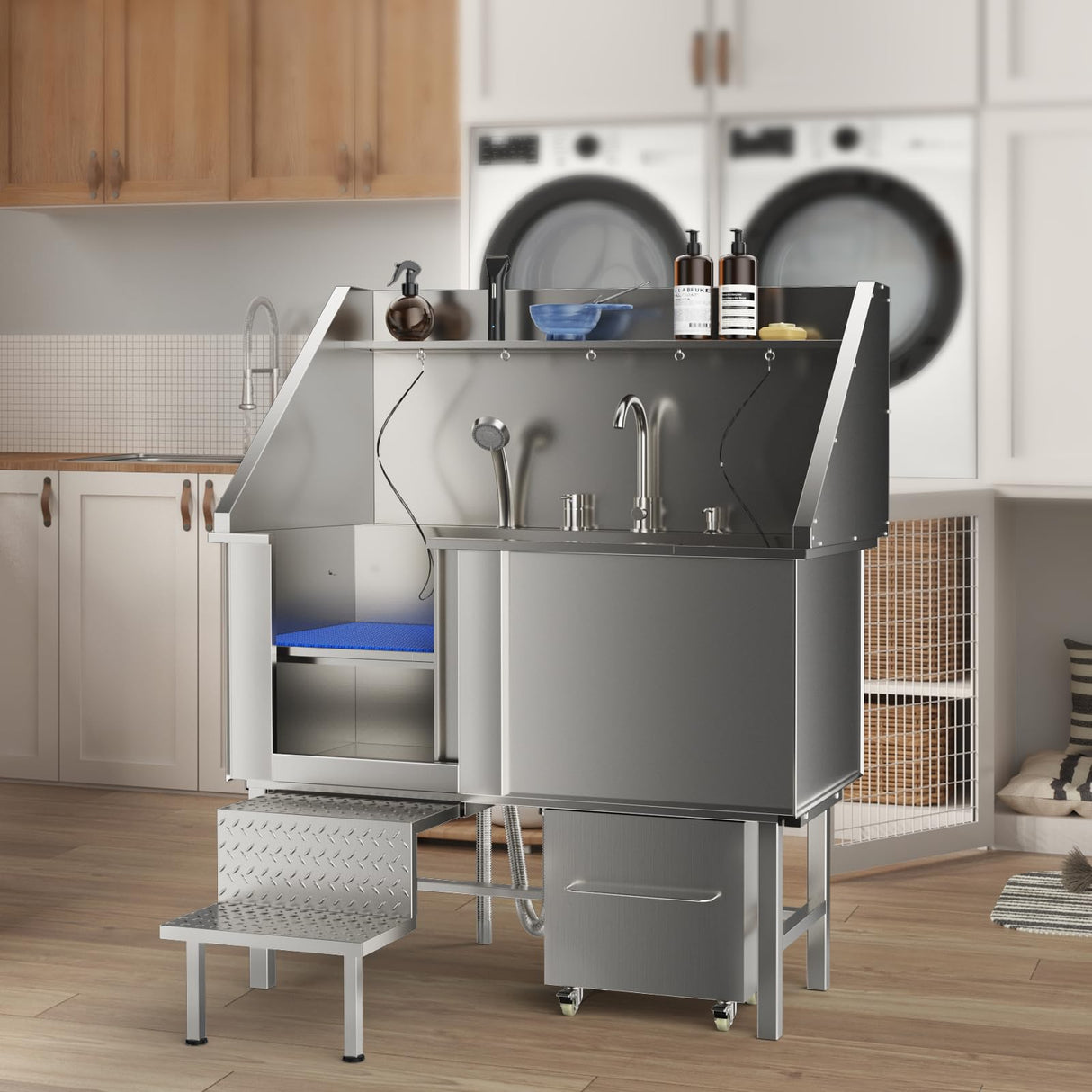 ROOMTEC 304 Stainless Steel Dog Washing Station, 50 Inch Professional Dog Grooming Tub, Pet Bathtub with Sink, Storage Drawer,Ladder ROOMTEC