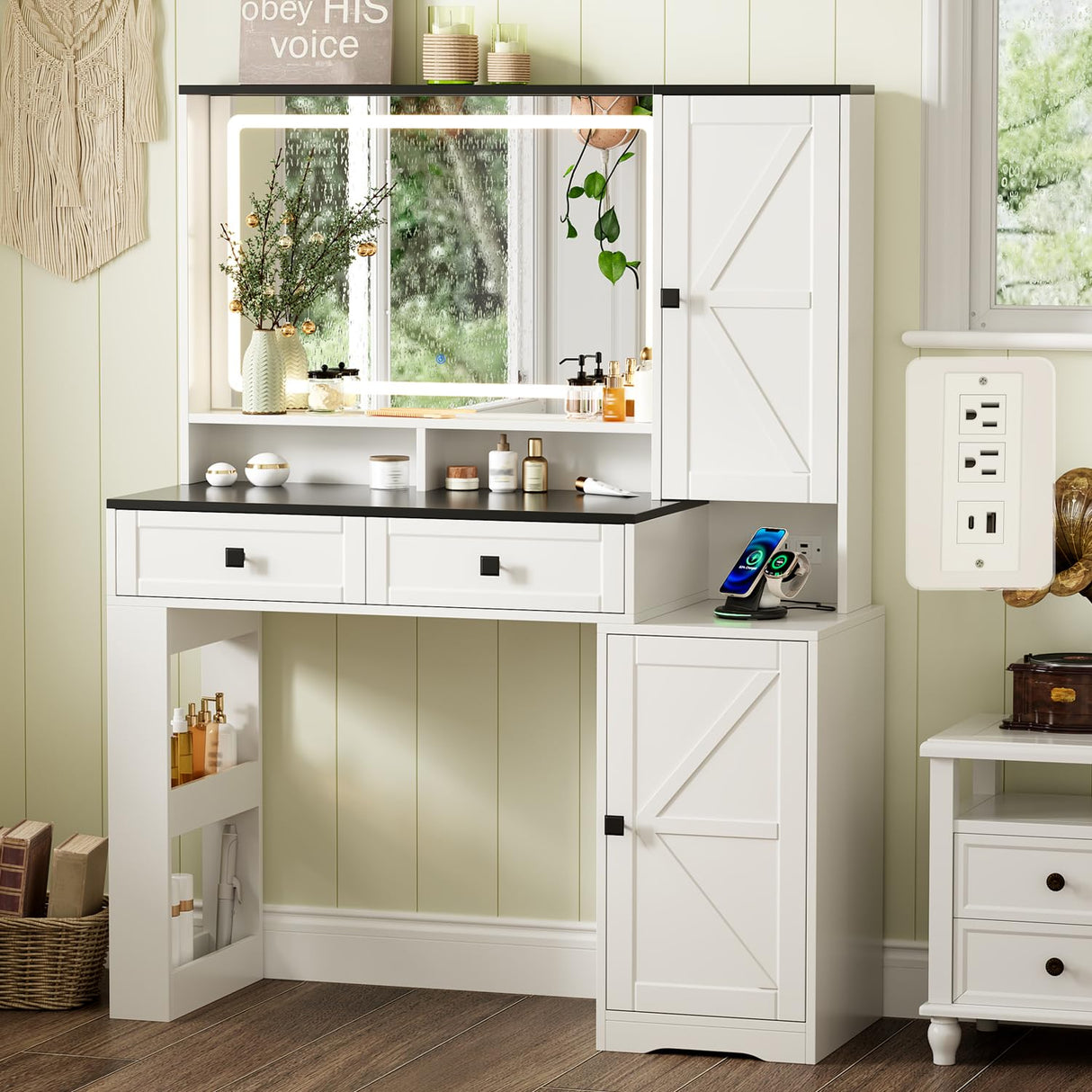 Ieejdn Farmhouse Makeup Vanity Desk with Mirror and Lights,Glass Top Vanity Desk with Power Outlet,Makeup Vanity with 2 Drawers & Storage Shelves,Rustic Vanity,Antique White+Black Ieejdn