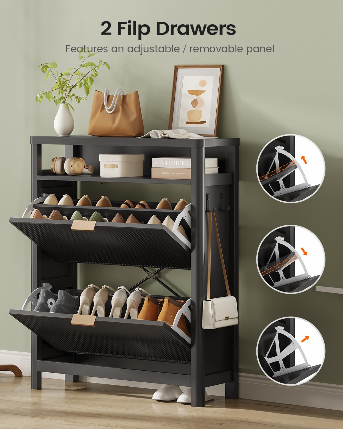 AOGLLATI Shoe Cabinet Storage,Narrow Fluted Shoe Rack Cabinet with 2 Flip Drawers, Wooden Freestanding Organizer with Open Storage Space for Entryway,Black AOGLLATI