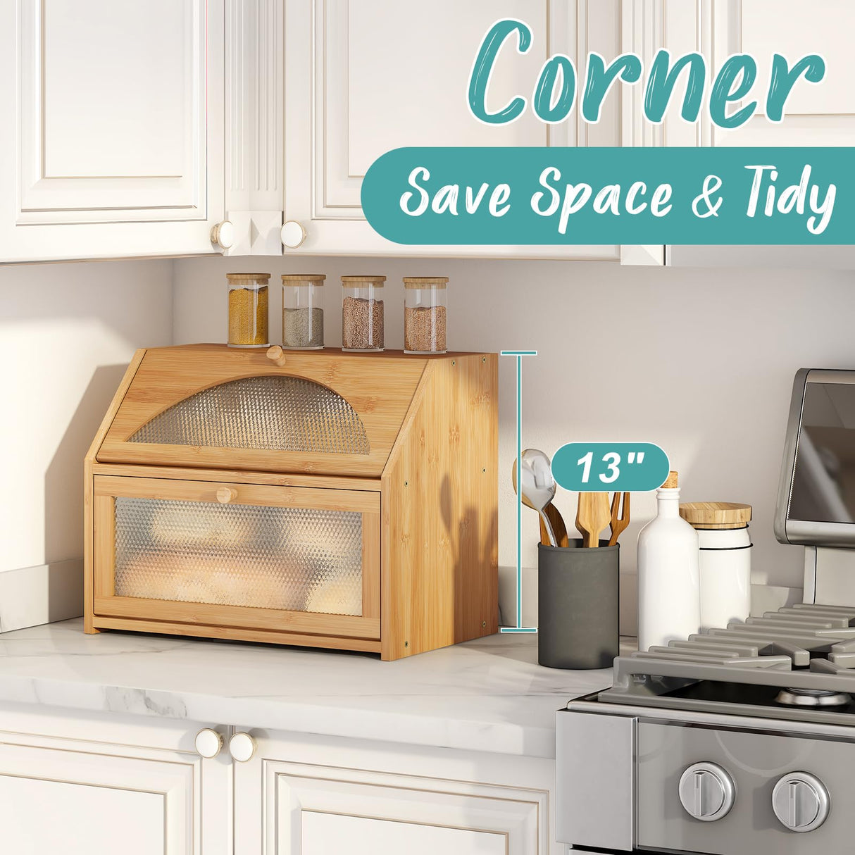 Vriccc Large Bread Box, Bamboo Wood Bread Box for Kitchen Counter, Double-layer Bread Storage Bin, Acrylic glass with Diamond Patterns Vriccc