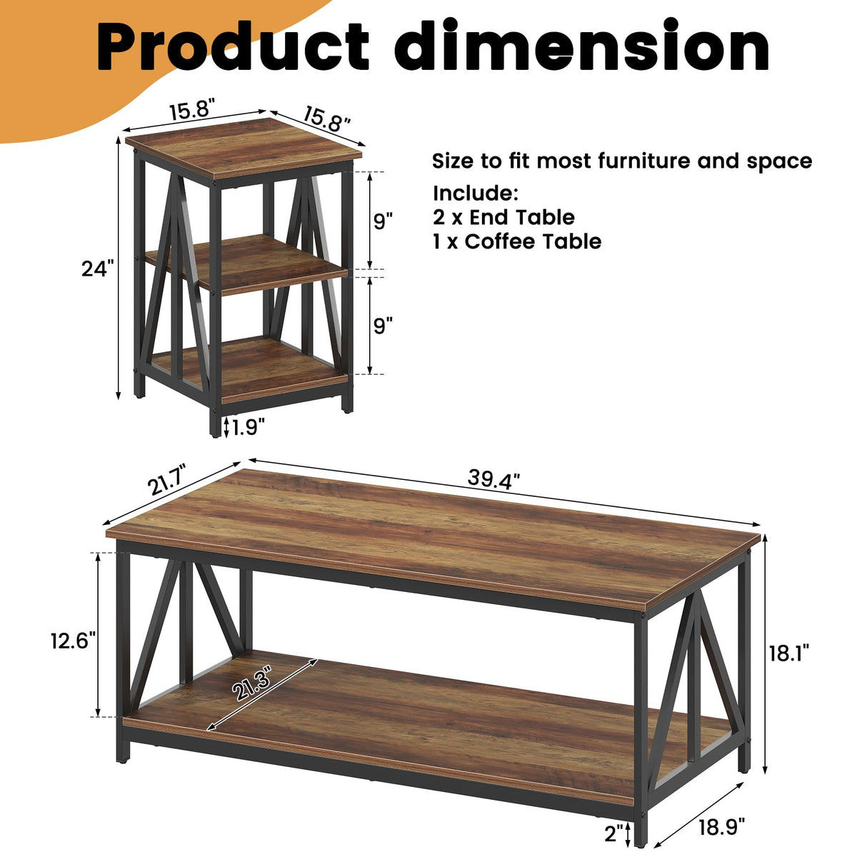 Bigbiglife Living Room Coffee Table Set of 3, Industrial Triangular-Design Coffee Table and 2 End Side Tables, 3 Piece Living Room Table Set with Large Storage for Apartment Home (Rustic Brown) Bigbiglife
