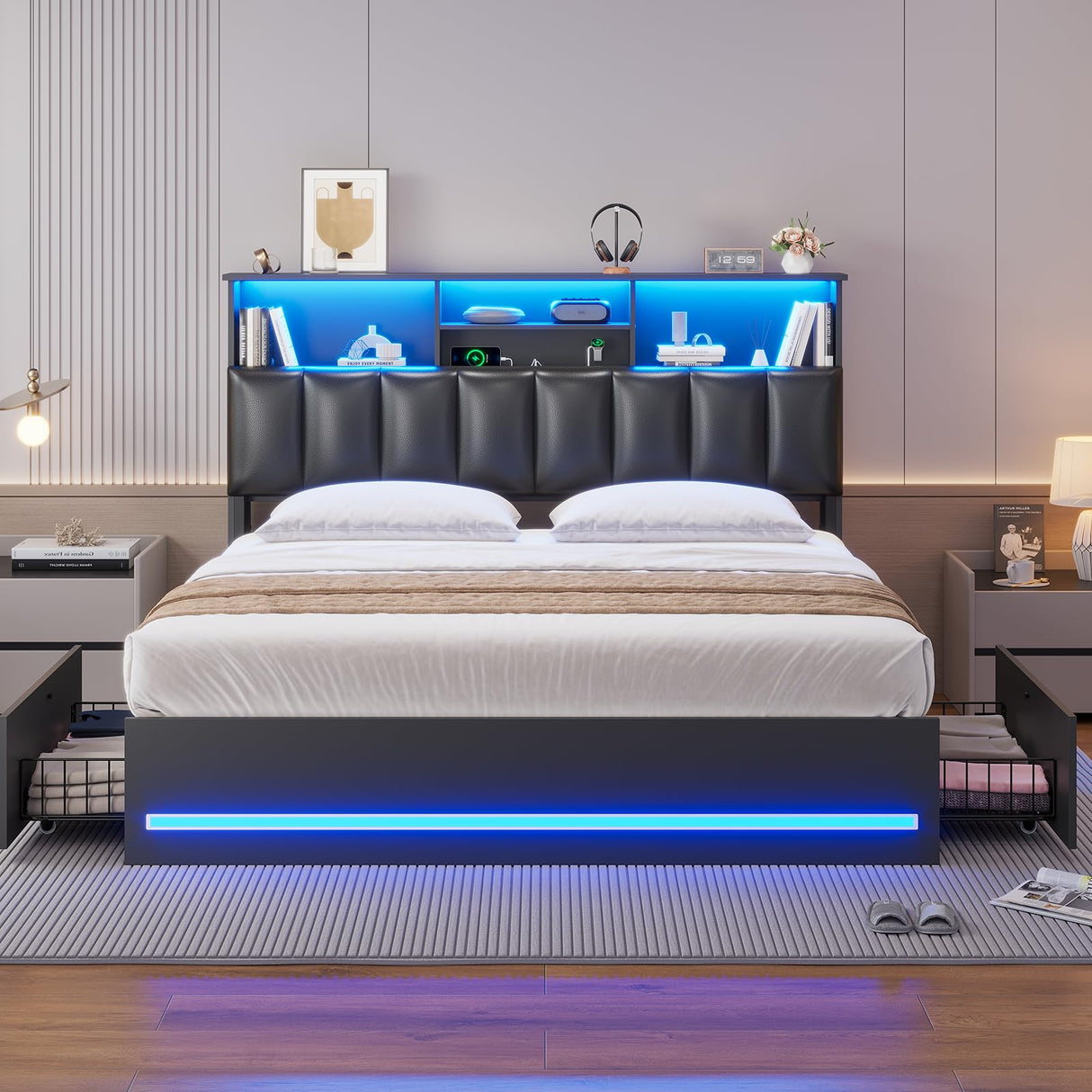 AOGLLATI Full Bed Frame with Stylish Bookcase Headboard & Charging Station & LED Lights,Full Size Bed Frame with 4 Storage Drawers, Led Bed Frame with Metal Slats, No Box Spring Needed,Black AOGLLATI