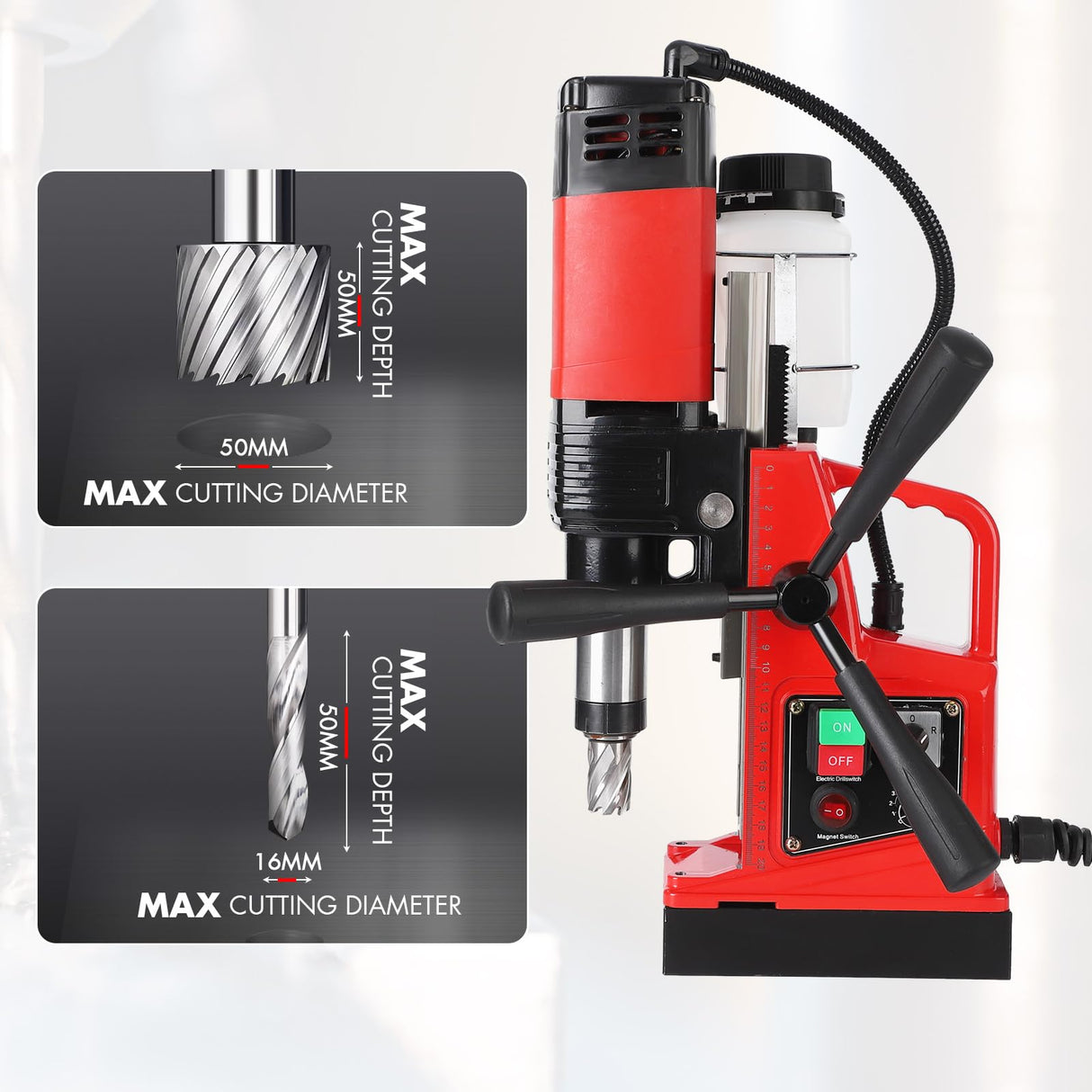 GARVEE Magnetic Drill Press, 1400W 810RPM Portable Mag Drill Press, 10-Speed Core Drilling Machine for Metal Working,10Pcs Annular Cutters Drill Bits,Red Garvee