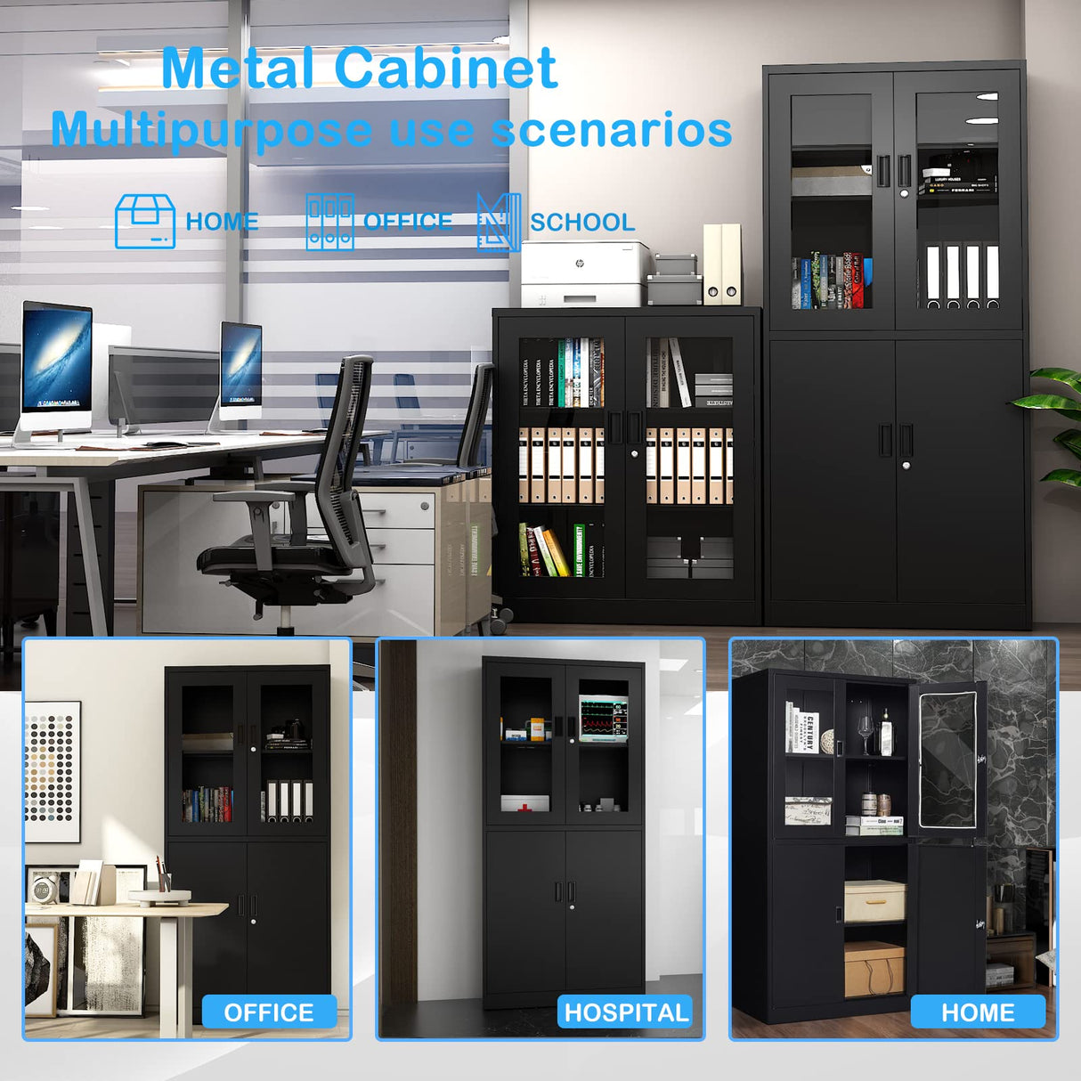 Letaya Storage Cabinet with Doors and Shelves,71" Steel Locker Acrylic Glass Door with Lock, for School Home Office Letaya