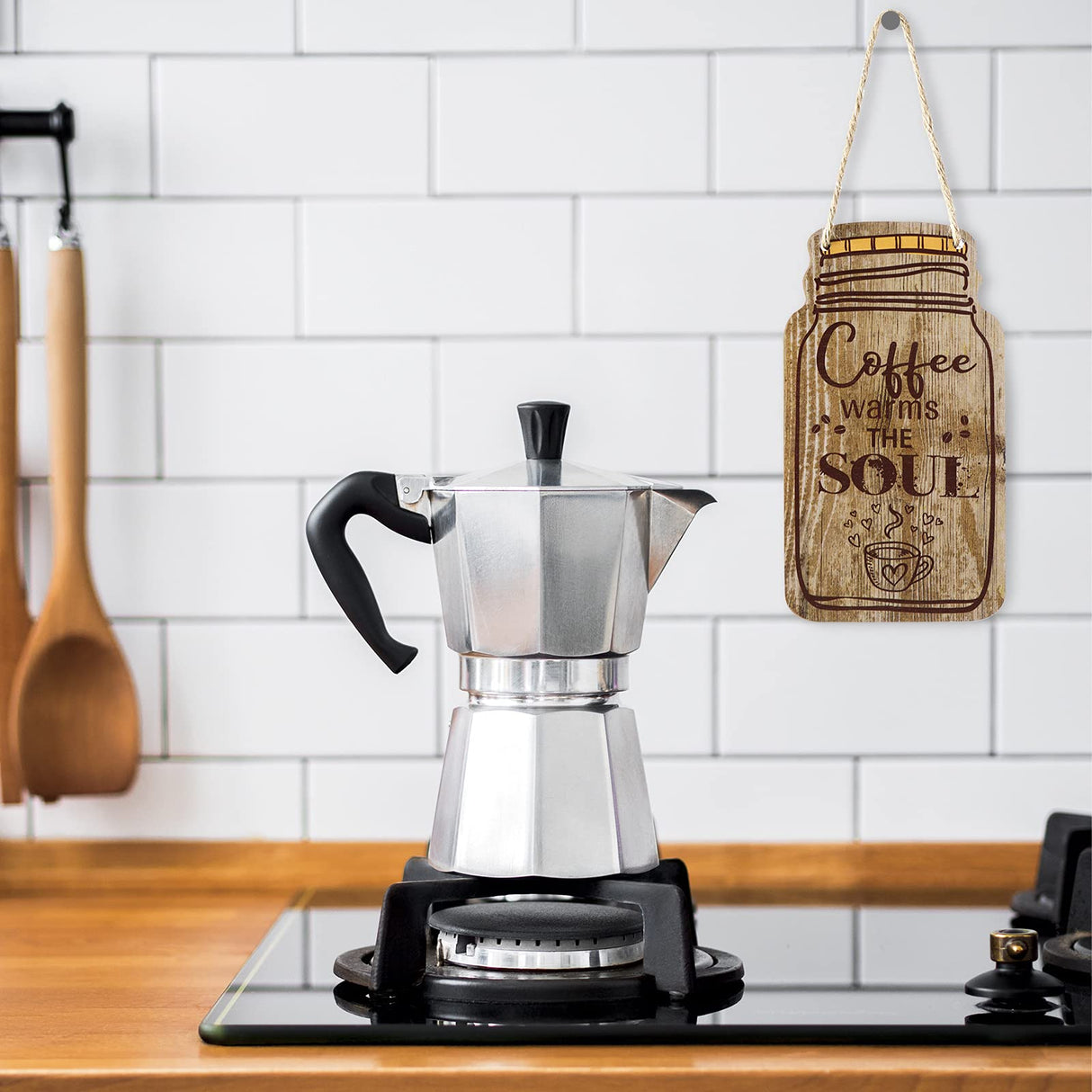 Jetec 3 Pcs Coffee Bar Decor Sign Mason Jar Wall Hanging Plaque Farmhouse Kitchen Decor Wooden Coffee Sign for Kitchen Home Living Room Wall Decorations(Simple Style) Jetec