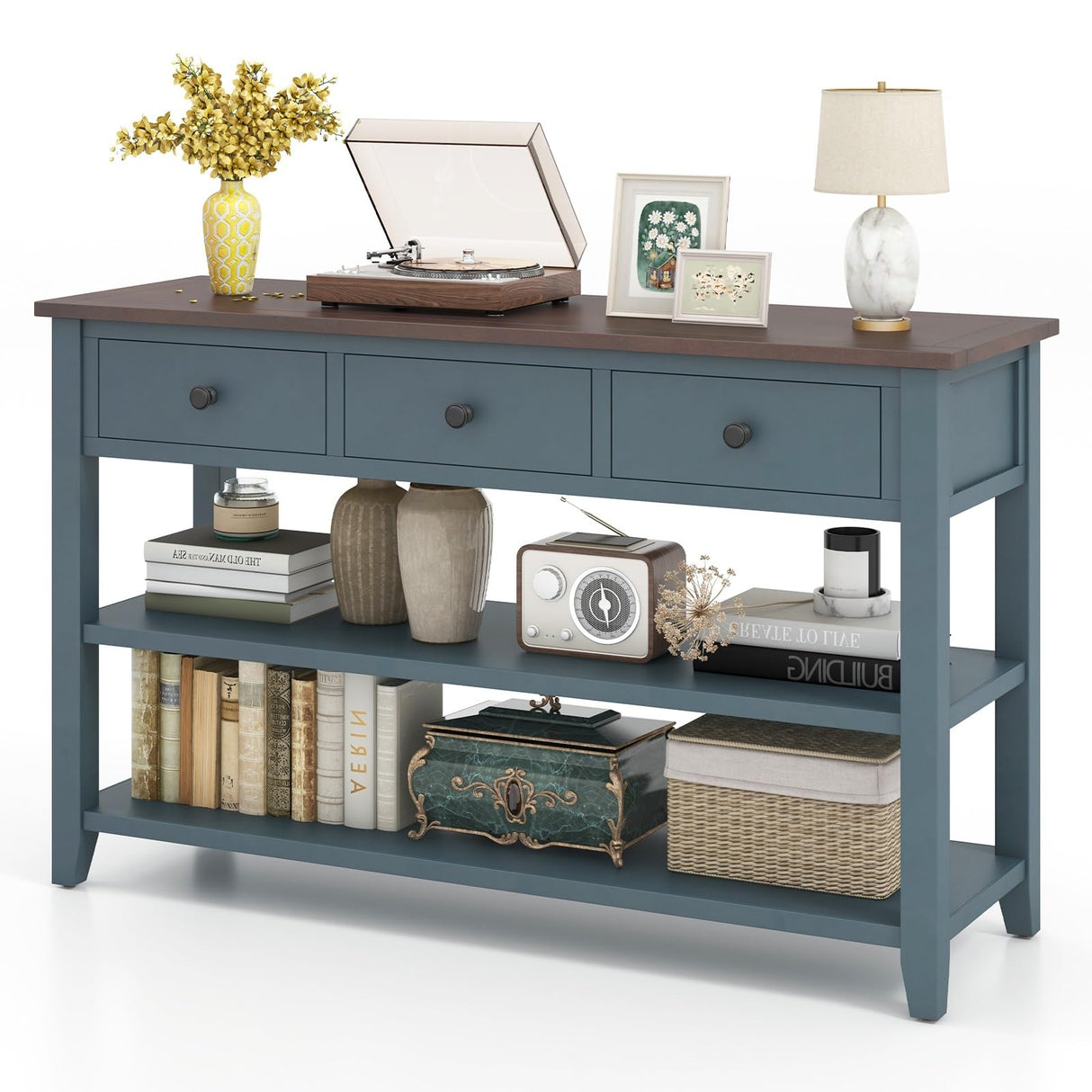 CLEEMAN 50" Retro Console Table with Storage, Farmhouse Sofa Table with 3 Drawers, 2-Tier Open Shelf & Solid Wood Legs, Hallway Table, Entryway Table for Foyer, Living Room, Entrance CLEEMAN
