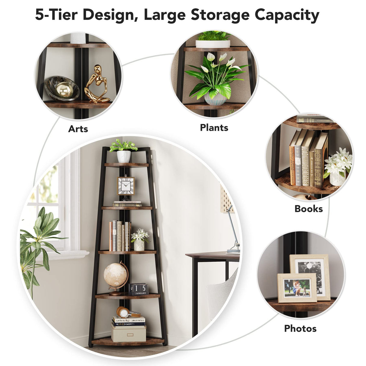 Tribesigns 70-Inch Rustic 5-Tier Corner Shelf - Industrial Ladder Bookshelf and Plant Stand for Home and Office Tribesigns