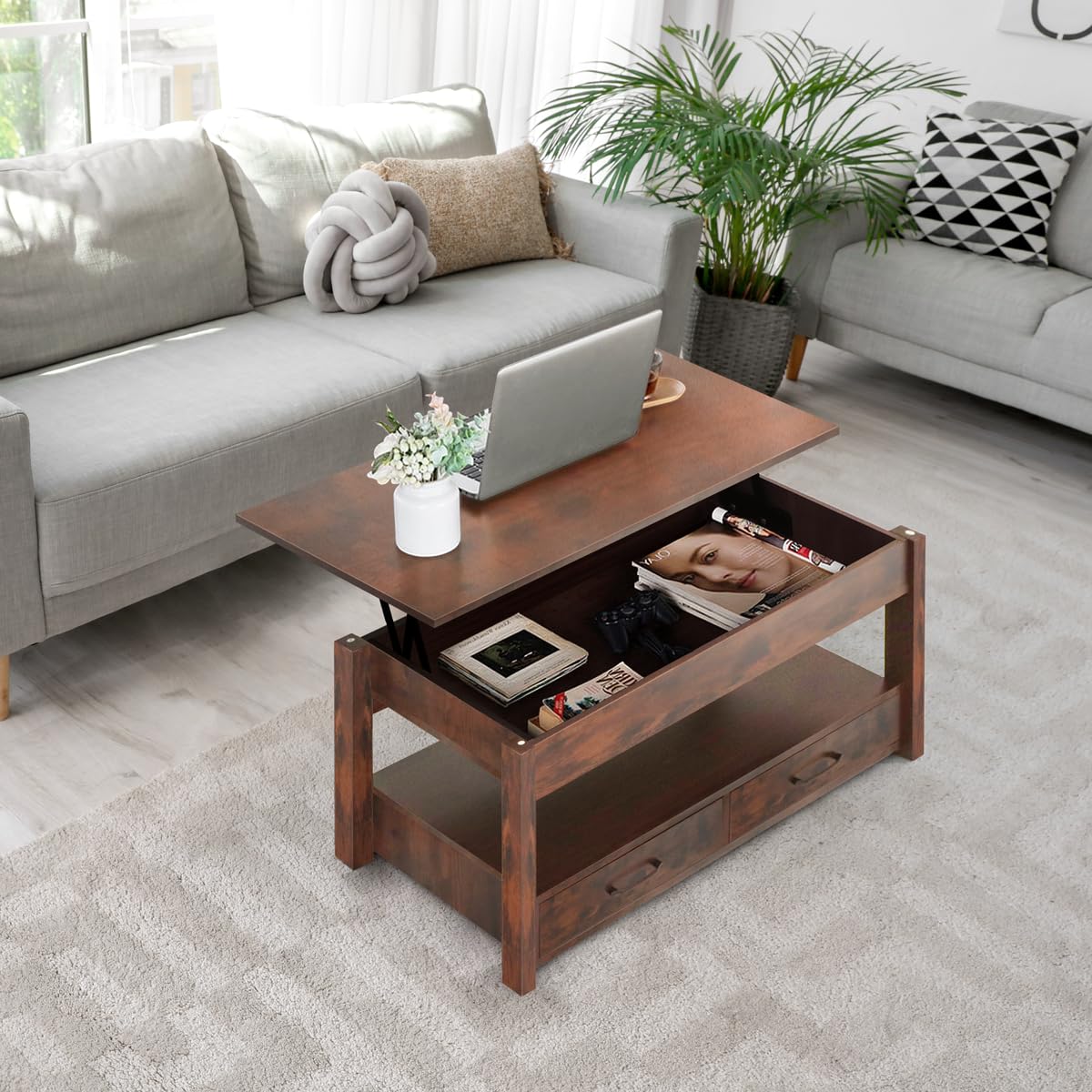 Lift Top Coffee Table with Hidden Compartment & 2 Storage Shelves - Living Room Dining Table with Rising Tabletop Lifttop Desk for Apartment, Home, Condo - Rustic Brown Lifetime Home