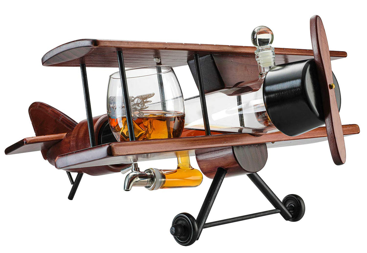 Whiskey & Wine Decanter Airplane Set and Glasses Antique Wood Airplane - The Wine Savant Whiskey Gift Set and 2 Airplane Glasses, Pilot Gift Moving Parts- Alcohol Related Gift, BAR DECOR Large 21" The Wine Savant