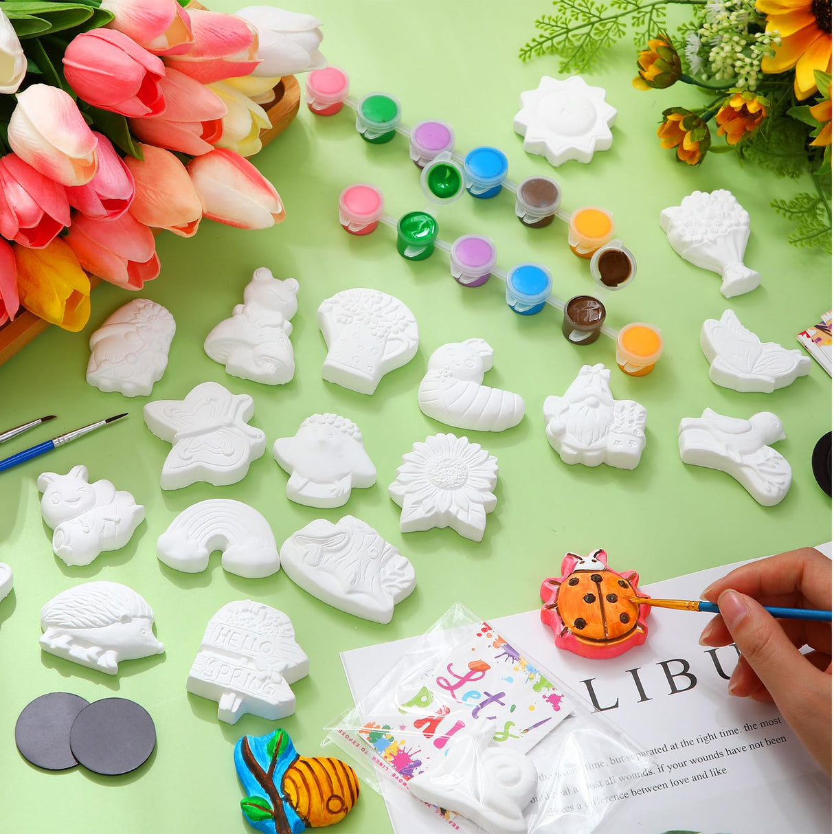 24 Set Ceramic Painting Kit for Kids DIY Ceramic Painting Figures Paint Your Own Flower Butterfly Statues Paint Craft Unpainted Plaster Figurines with Magnet Brush Paints for Adult(Adorable) Relaxweex