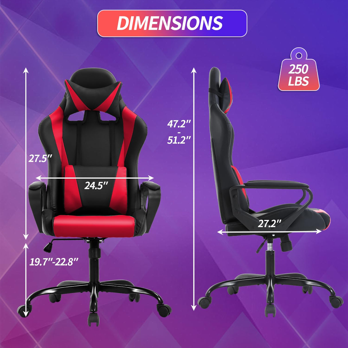 Gaming Chair High-Back Office Chair Ergonomic Video Game Chairs Height Adjustable Reclining Computer Chair with Lumbar Support Armrest Headrest Swivel Chair Game Chair for Adult Teen - Red BSTOPHKL