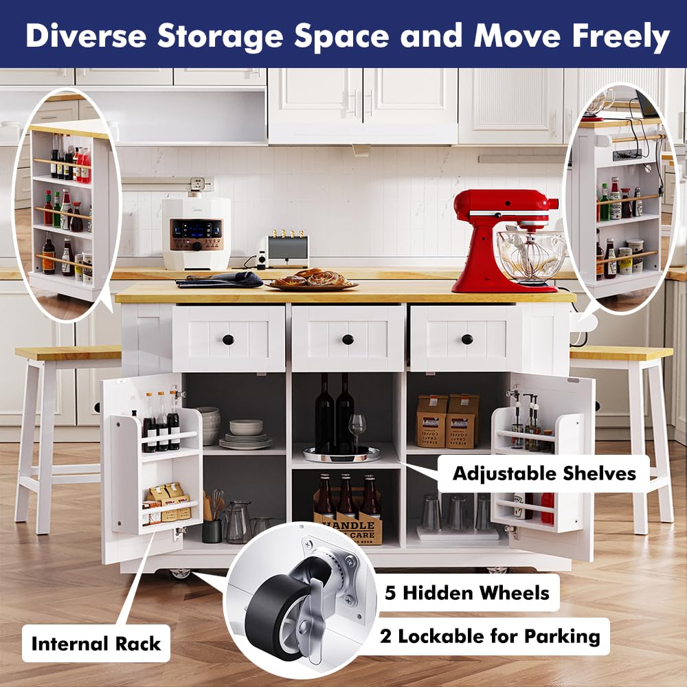 Kennkari Rolling Kitchen Island on Wheels with Drop Leaf, Wide Moblie Kitchen Island with Storage Cabinets and Power Outlet, Large Island Table with Towel Rack and Spice Rack (White) Kennkari
