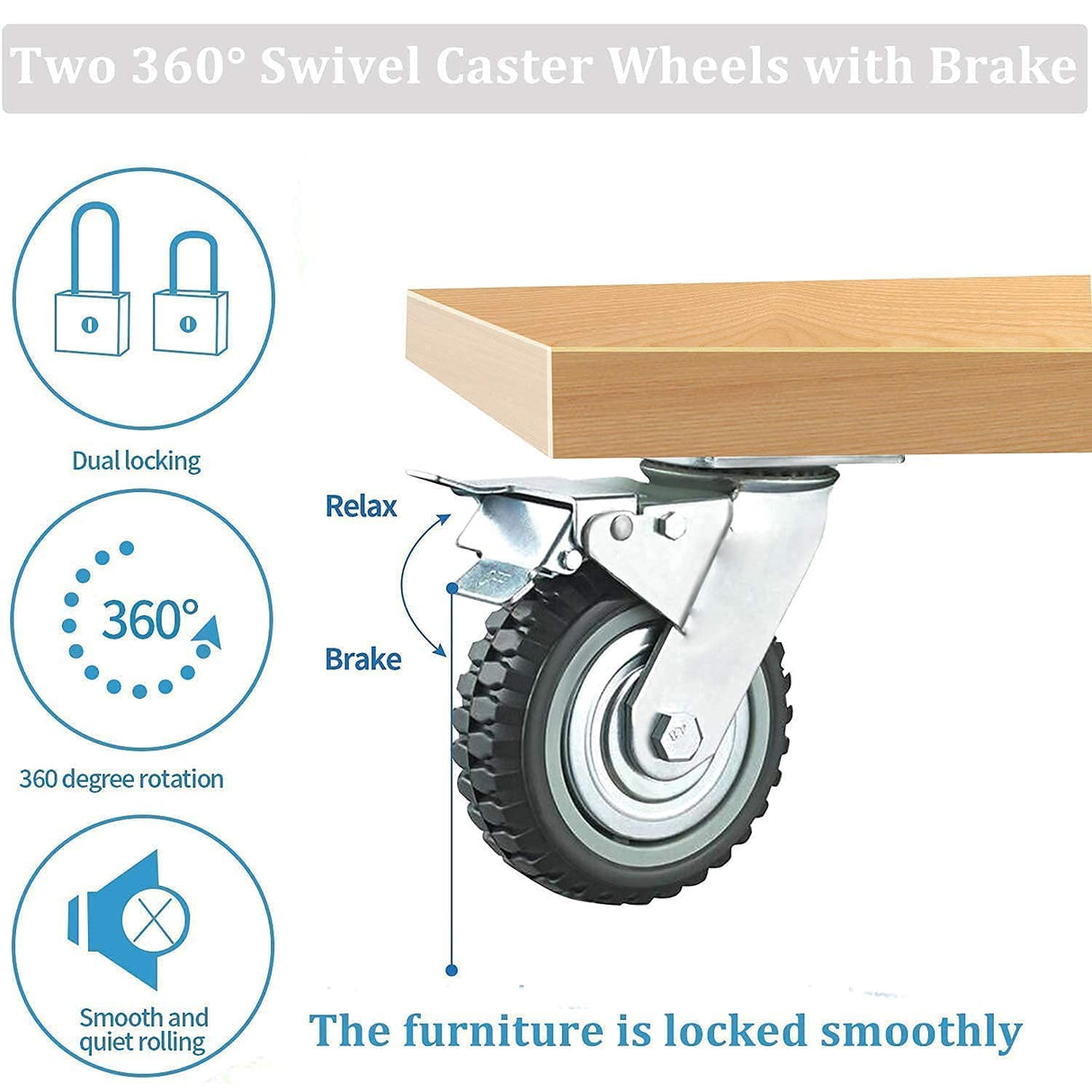 uyoyous 8 Inch Solid Caster Wheels Casters Heavy Duty Anti-Skid Polychloride Swivel Caster Wheels with 360 Degree Ball Bearing Castors Top Plate with Brake 2 Fixed,1760 lbs Capacity uyoyous