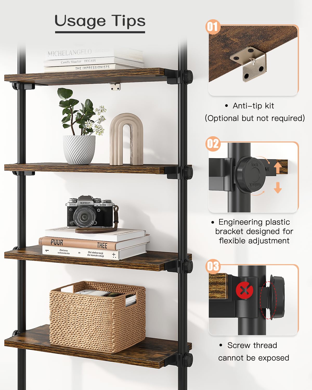 ALLZONE Rustic Brown 5-Tier Adjustable Ladder Bookshelf with Floor-to-Ceiling Tension Mount ALLZONE