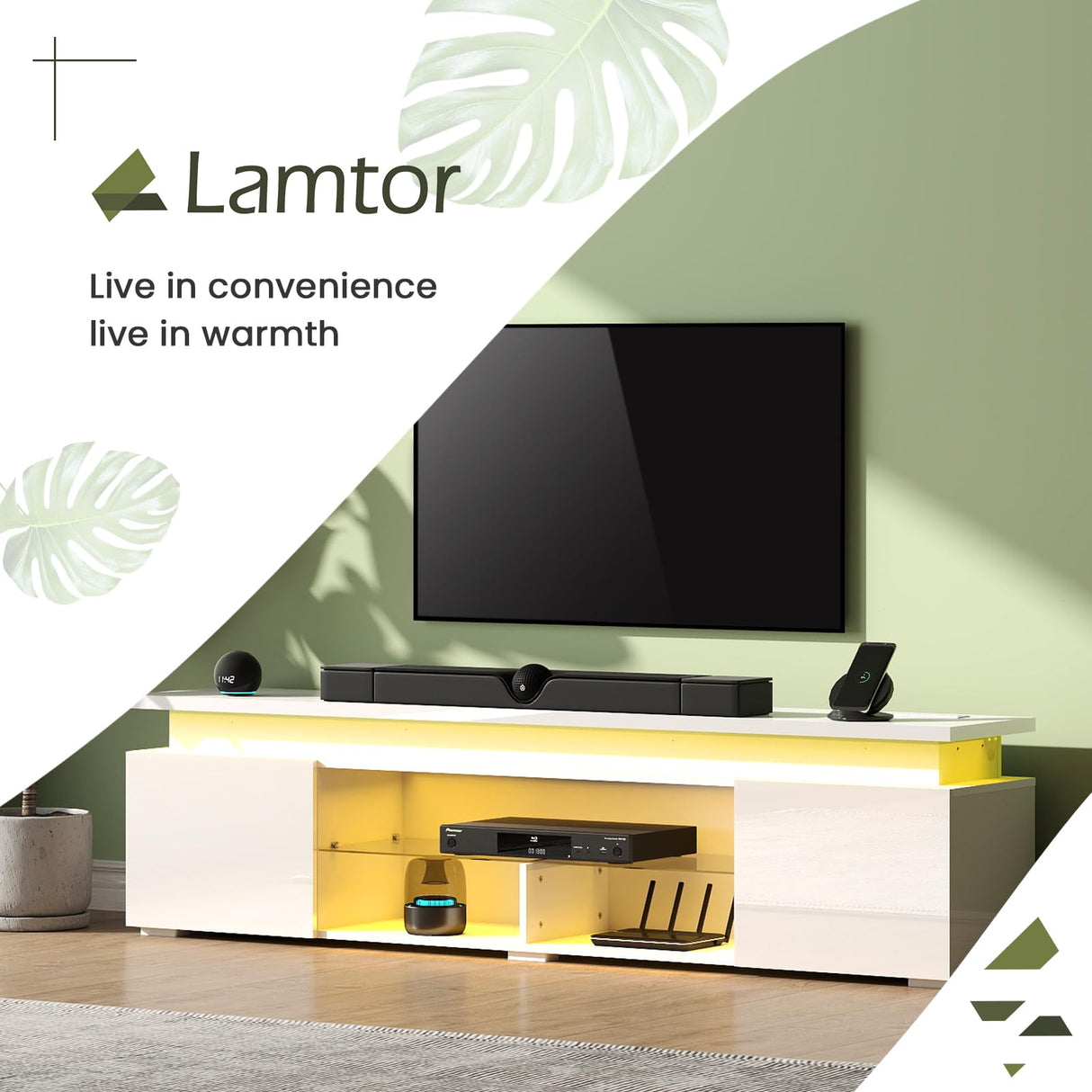 Lamtor TV-Stand for 85 Inch TV - Led TV Stand with Power Outlet, Modern Entertainment Center with Glass Shelf, High Glossy Gaming TV Media Console for Living Room, White Lamtor