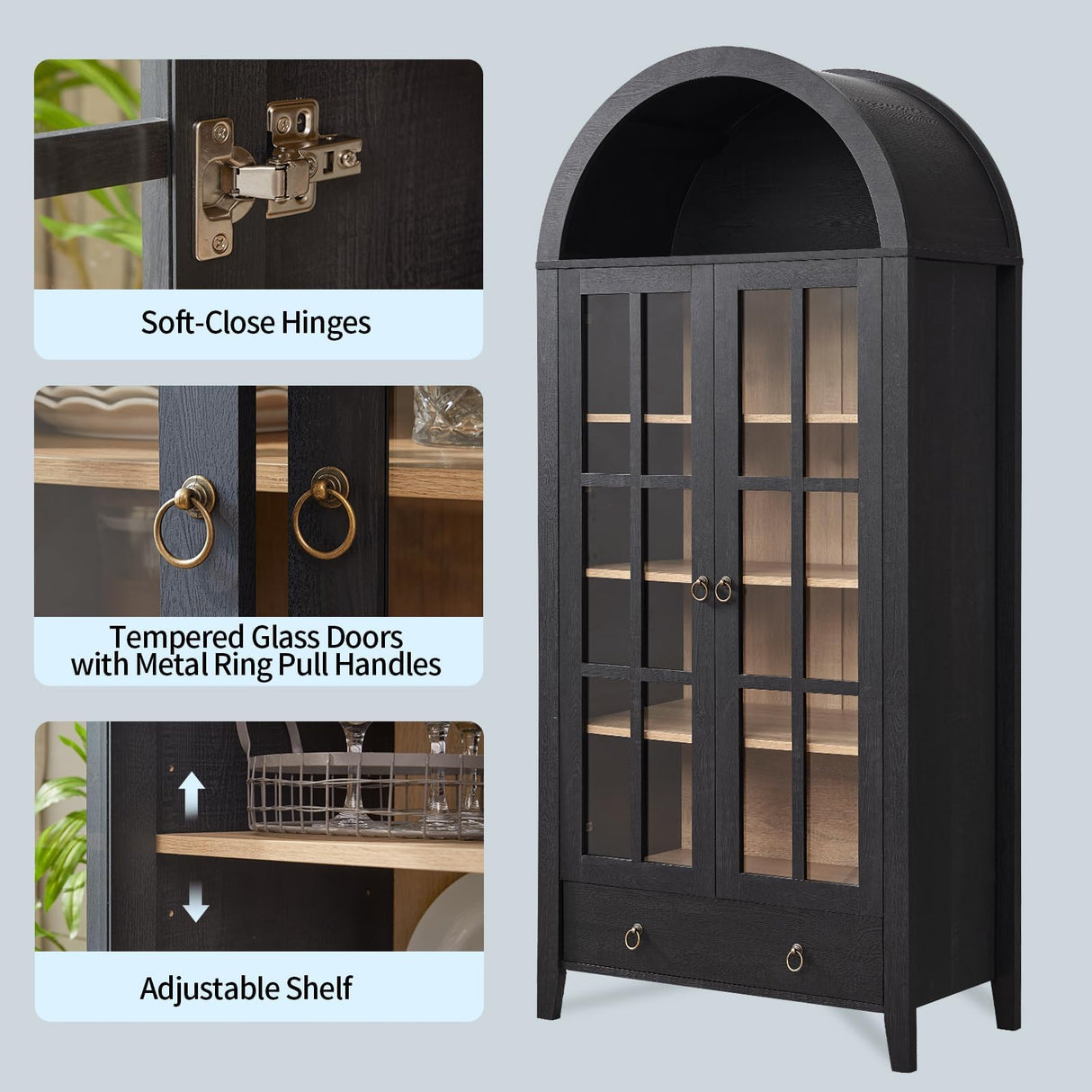 RowyPoey Farmhouse Arched Cabinet with Glass Doors, Wood Display Cabinet with Drawer and Adjustable Shelves, 71” Tall Bookshelf Modern China Storage Kitchen Pantry for Living Room,Office (Black) RowyPoey