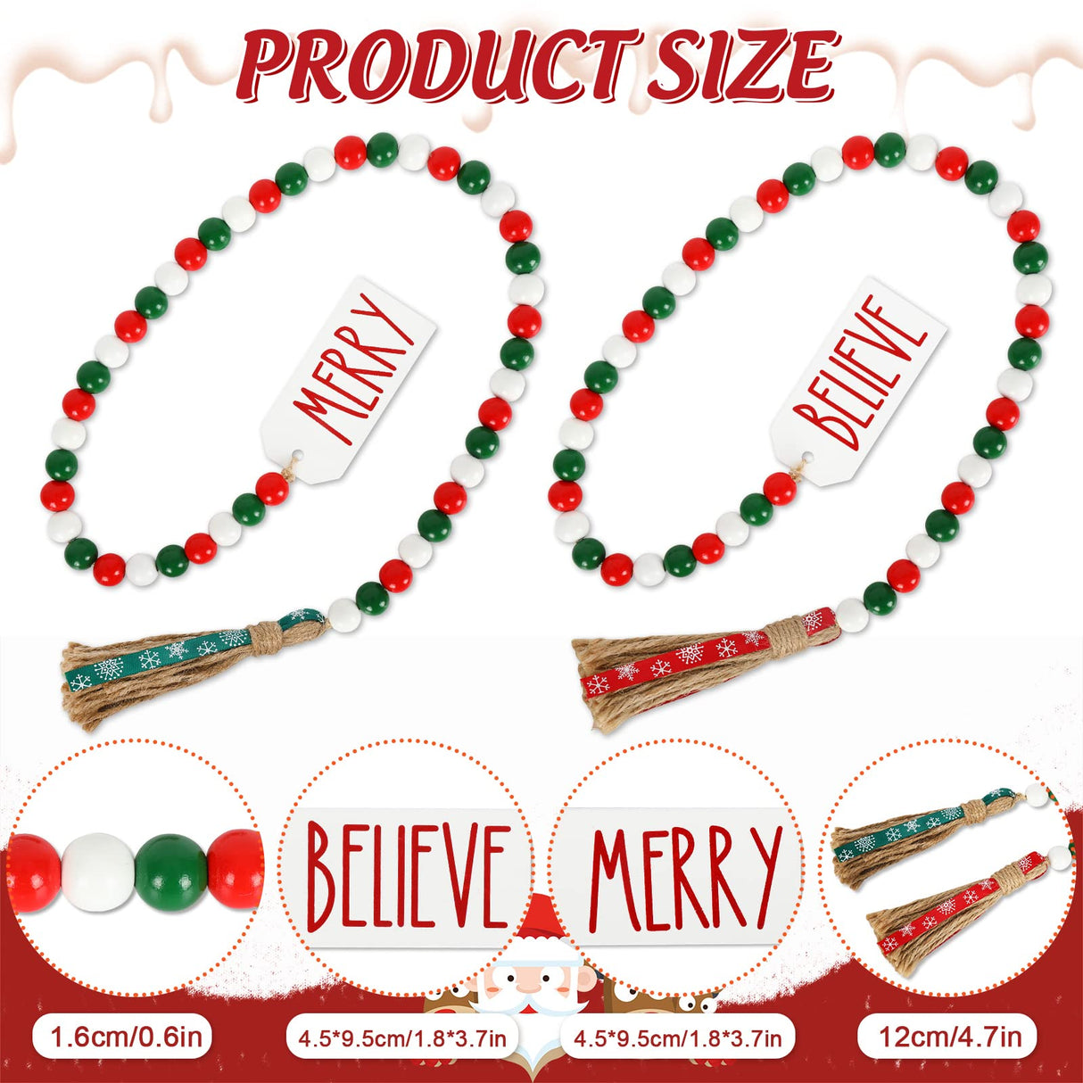 Whaline 2Pcs Christmas Wooden Bead Garlands Xmas Natural Wood Bead Garland with Rope Tassel Classical Red Green Beads Hanging Decor for Farmhouse Tiered Tray Home Wall Decor Christmas Party Suppliers Whaline