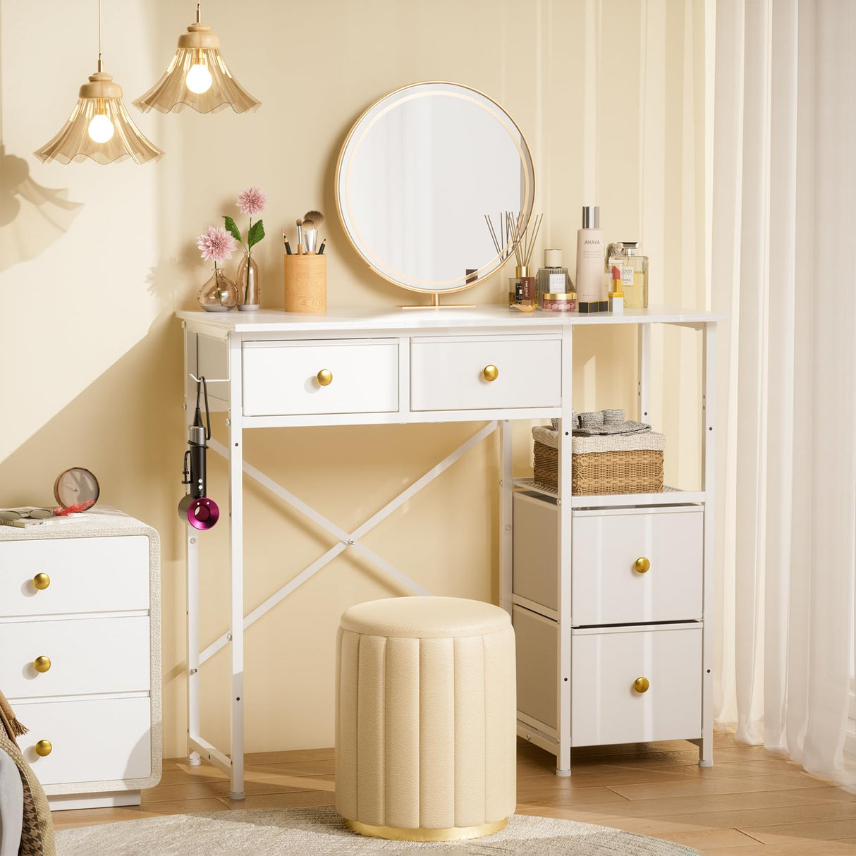 3IngSeagulls White Vanity Desk Without Mirror, Small Makeup Desk with 4 Fabric Drawers, 33.5 Inches Dressing Table with Storage, Vanity Table for Bedroom with Hook, White 3IngSeagulls