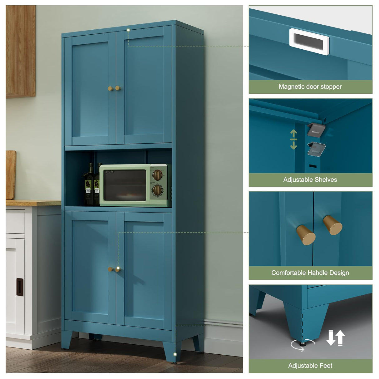 Bevivog 69" Pantry Cabinet,Tall Metal Storage Cabinet with Doors and Adjustable Shelves,High Freestanding Cupboard Locker for Kitchen,Dining Room,Living Room,Office,Blue Bevivog