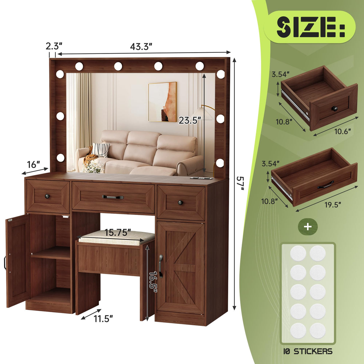 Crownland Vanity with Lighted Mirror, Makeup Vanity Table Set with Drawers and Charging Station, Vanity Desk with 3 Adjustable Lighting Modes and Stool Set(Brown) Crownland