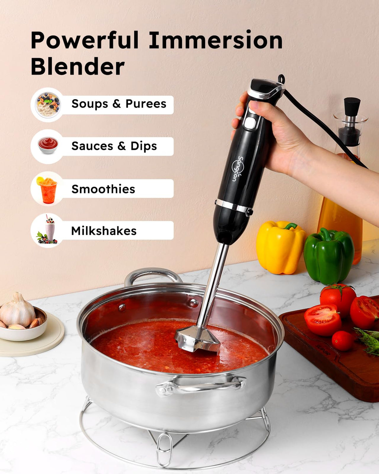 Sangcon Immersion Blender Handheld, 3-in-1 Hand Blender Electric, 400W Handheld Blender, Stainless Steel Blade Stick Blender with Whisk, Milk Frother Attachments - Black sangcon