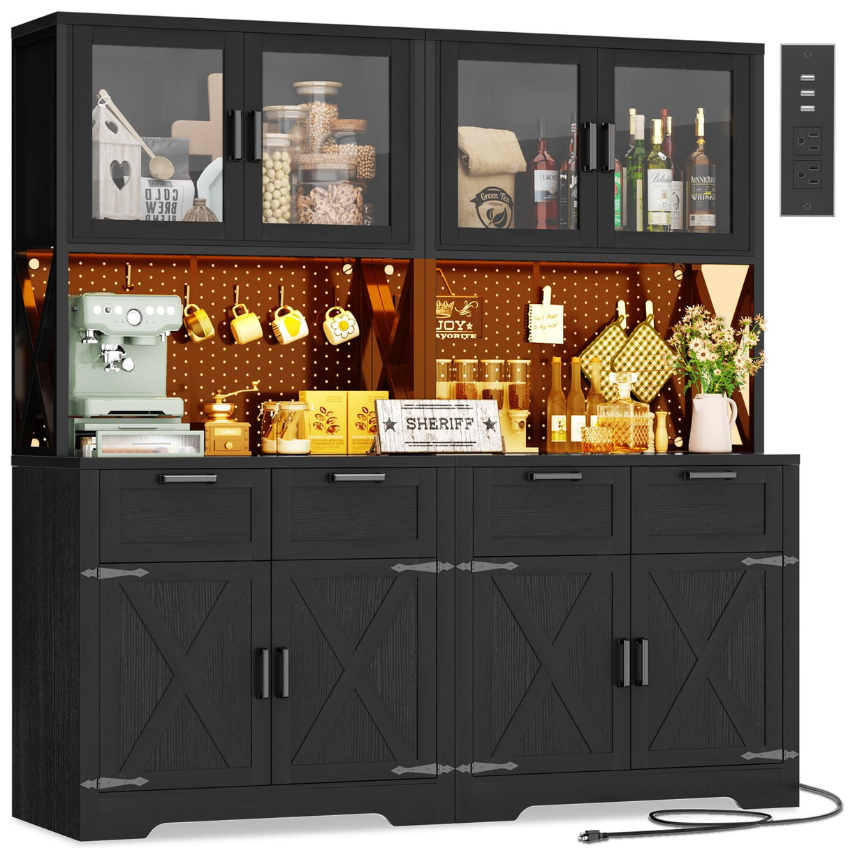 Unikito 71" Tall Kitchen Pantry Storage Cabinet with LED Light & Outlet, 63" Wide Kitchen Hutch Cabinet with Large Countertop, DIY Pegboard and Drawers, Farmhouse Food Pantry for Living Room, Black Unikito