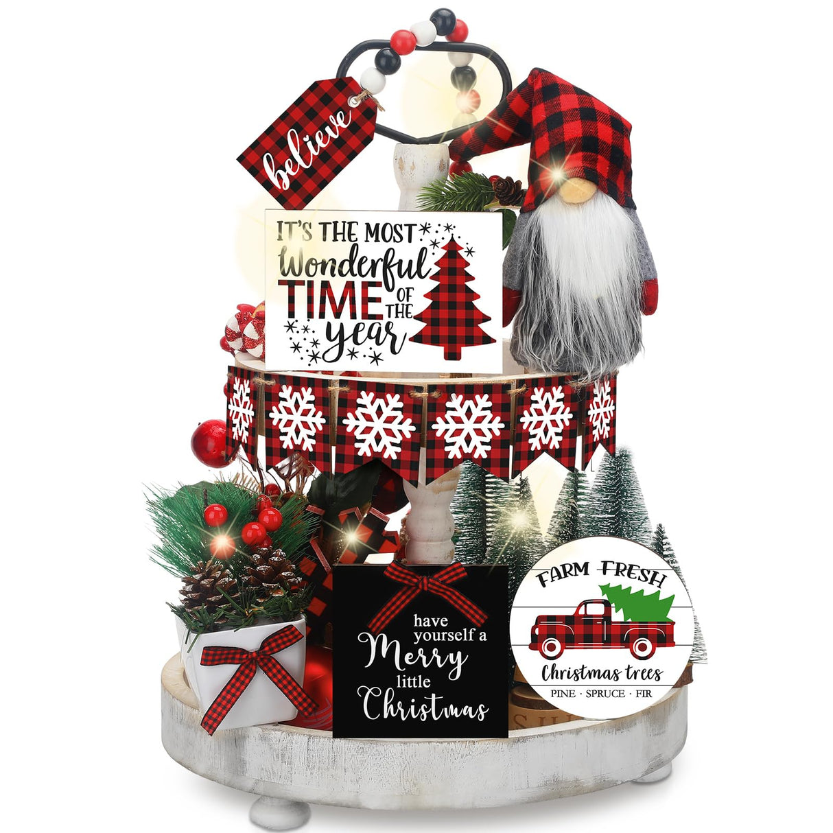 Soaoo 16 Pcs Christmas Tiered Tray Decor Christmas Gnome Plush Tray Decor Farmhouse Buffalo Plaid Wood Table Signs for Holiday Table Centerpieces Home Decorations Soaoo