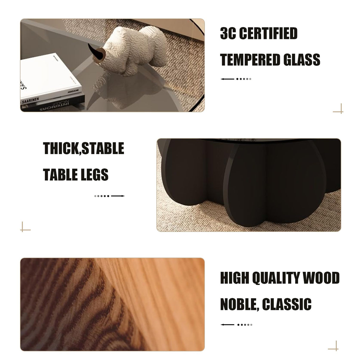 Black Coffee Table, 31.5" Round Glass Coffee Table for Living Room Mid Century Modern Coffee Table Unique Center Table with Wood Base Circle Coffee Ta dnziqi