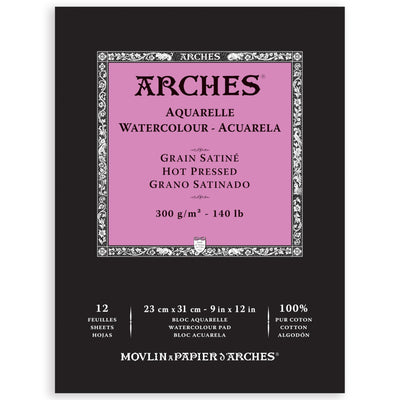 Arches Aquarelle Watercolor Pad, Hot Pressed, 140lb/300gsm, 12 Sheet, 9x12 inch, Arches Watercolor Paper 100% Cotton