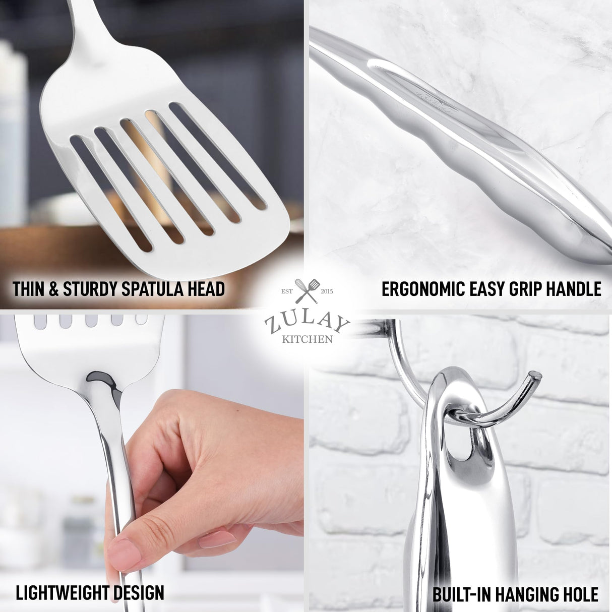 Zulay Kitchen Stainless Steel Cooking Utensil - Stainless Steel Kitchen Utensil - Durable Kitchen Gadgets - Metal Kitchen Accessories - Easy to Clean Kitchen Tools - 14.8" Slotted Turner Zulay Kitchen