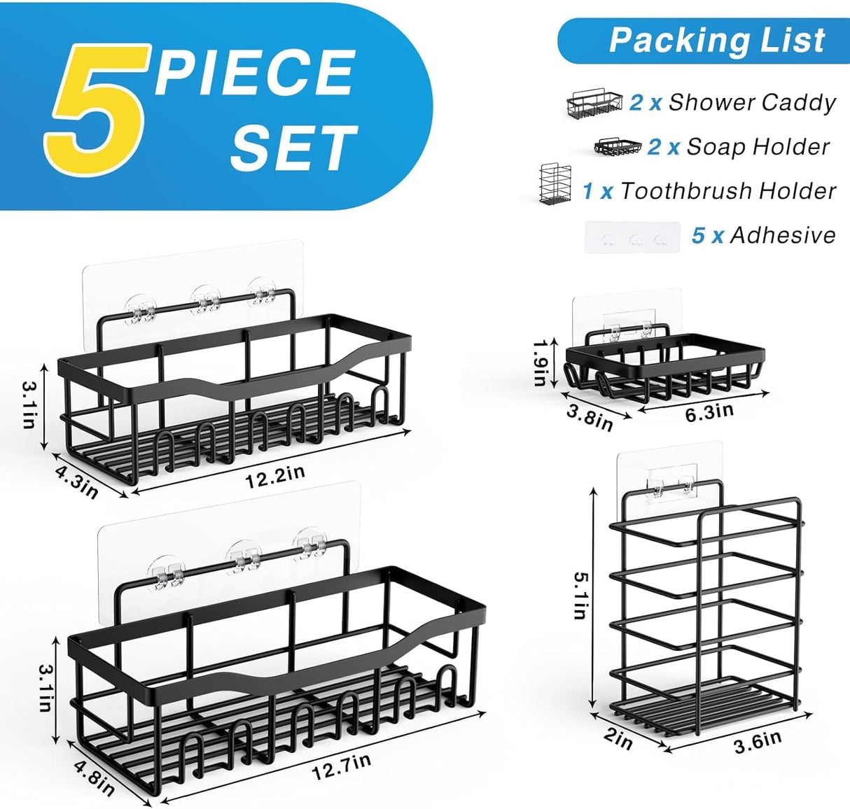 EUDELE 5-Pack Rustproof Stainless Steel Shower Caddy Set– No Drill Adhesive Bathroom Organizer, Space-Saving Shower Shelves for Apartment Essentials, Bathroom/Kitchen Storage Home Decor-L Size EUDELE