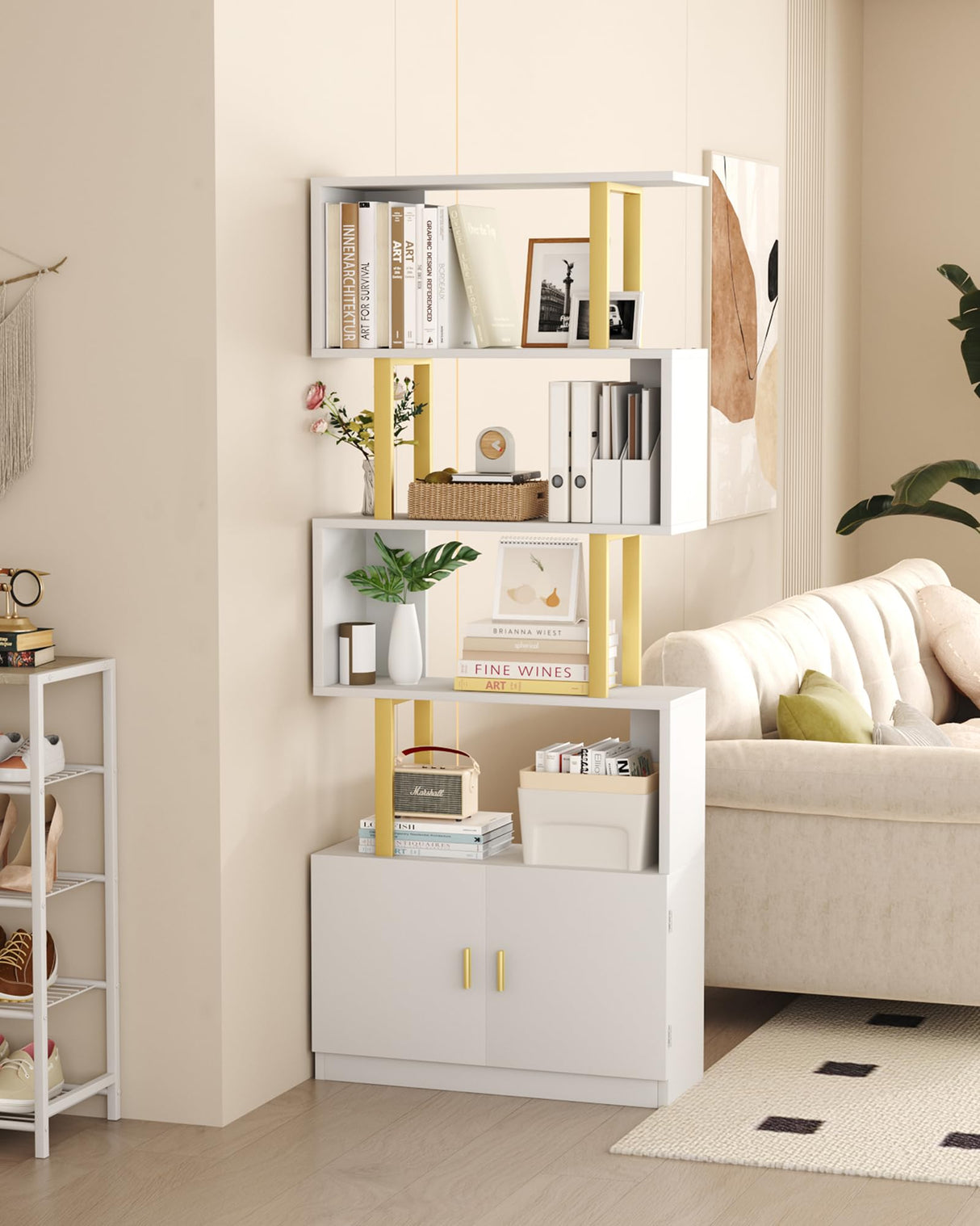 Yusong Geometric Bookcase with Cabinet, S Shaped Bookshelf 5-Tier Book Shelves for Bedroom, Modern Wood Decorative Display Shelf Tall Book Case for Home Office, Gold and White Yusong