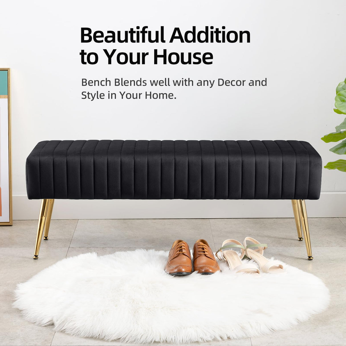 Furniliving 44 Inch Bedroom Bench, Upholstered Tufted Striped Fabric Ottoman Benches with X-Shaped Metal Legs for Living Room, Entryway Solid Wood Indoor Bench for Foyer (Black) Furniliving