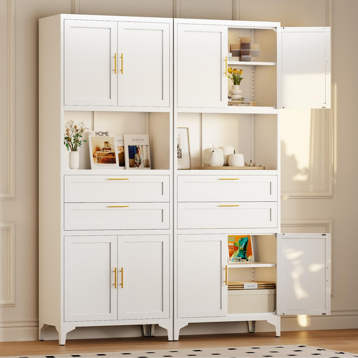 JHYKFG 75" Tall Kitchen Pantry Cabinet,Metal Storage Cabinets with 2 Drawers and Adjustable Shelves,Freestanding Display Cupboard for Dining Room,Living Room,Hallway,Bathroom,White JHYKFG