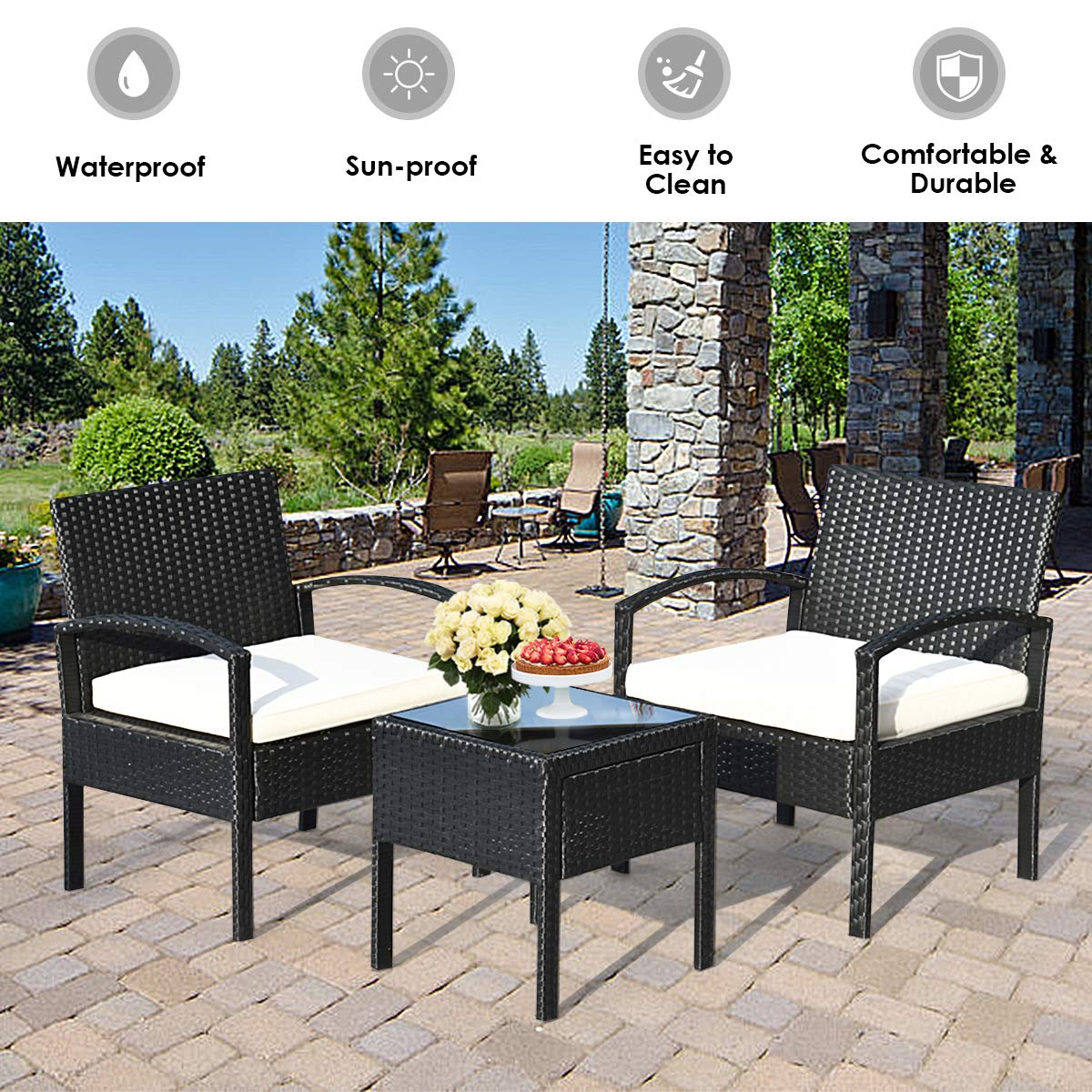 Tangkula AM0583HM 3 Piece Patio Furniture Set with 2 Cushioned Chairs & End Table, Black Tangkula