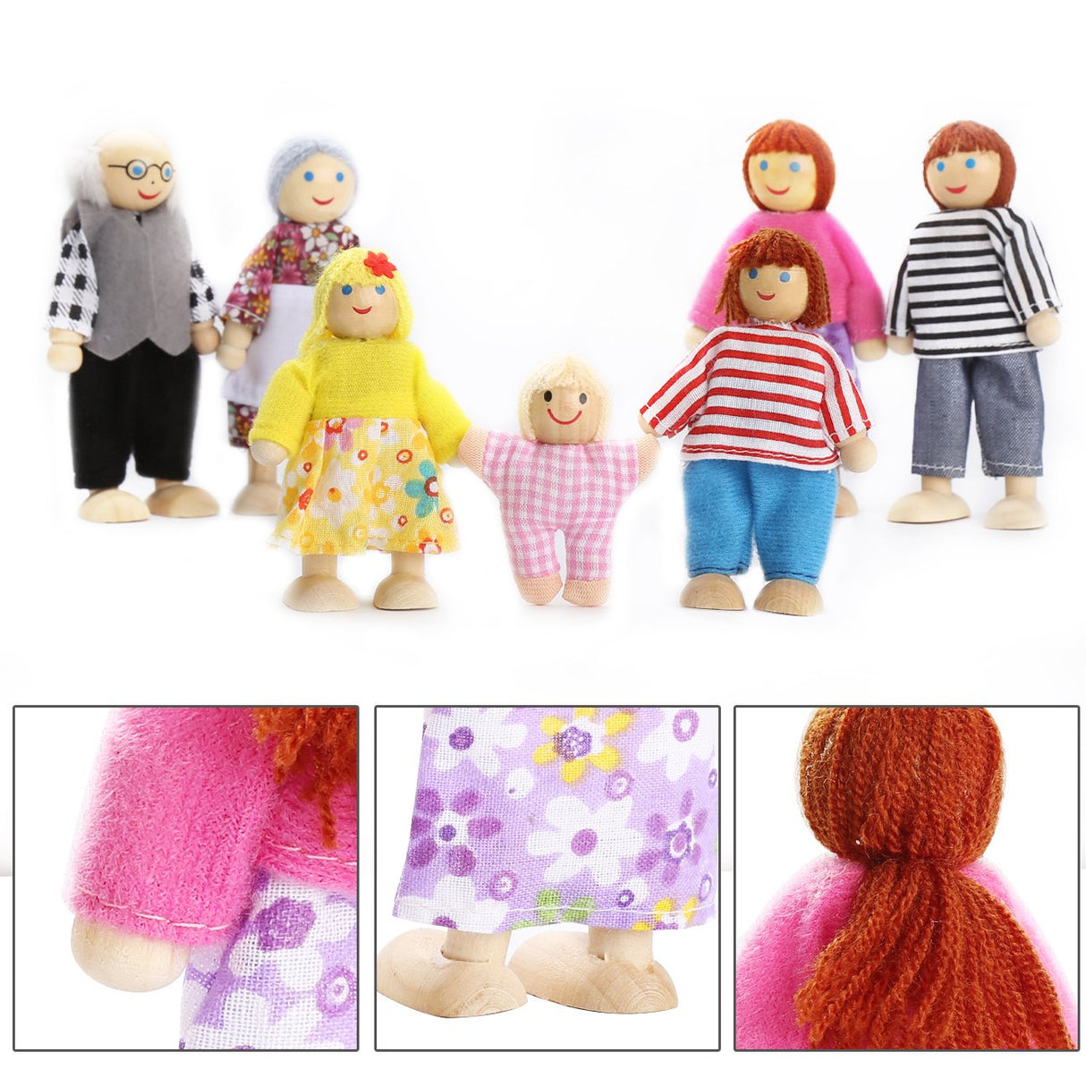 PUCKWAY Lovely Happy Family Dolls Playset Wooden Figures Set of 7 People with Dog for Kids Children Toddlers Dollhouse Pretend Gift PUCKWAY