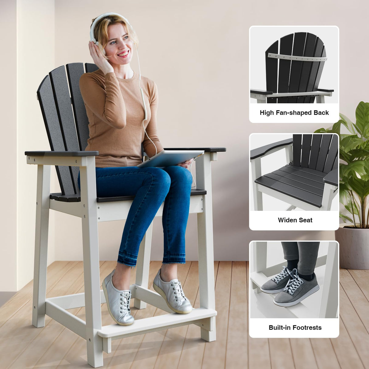 OTSUN Tall Adirondack Chairs, Outdoor Balcony Chair, Patio Bar Stool Chair with Widened Arms, High Back, Footrest, 400lbs, All-Weather Bar Height Chair for Garden, Yard, Backyard OTSUN