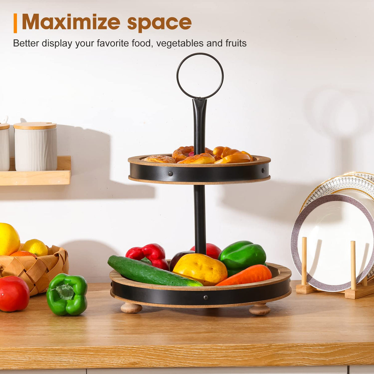 Urban Deco Wood Tiered Tray, 2-Tiered Tray Decorative Dessert Stand, Farmhouse 2 Tier Serving Tray with Metal Handle, Fruits Display Tray for Kitchen Counter, Living Room Table Urban Deco