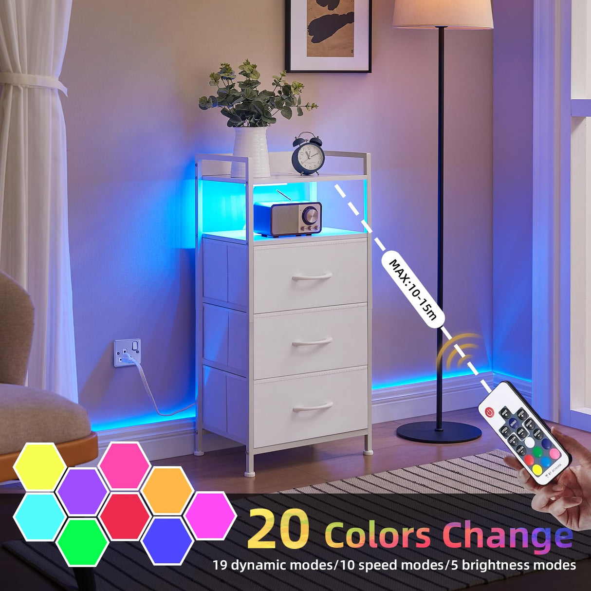 Somdot White Nightstand with Charging Station and LED Light for Bedroom, Tall 3 Drawers Dresser with Fabric Bins for Bedside Kids Dorm Room Closet Laundry Entryway, White Leather Somdot