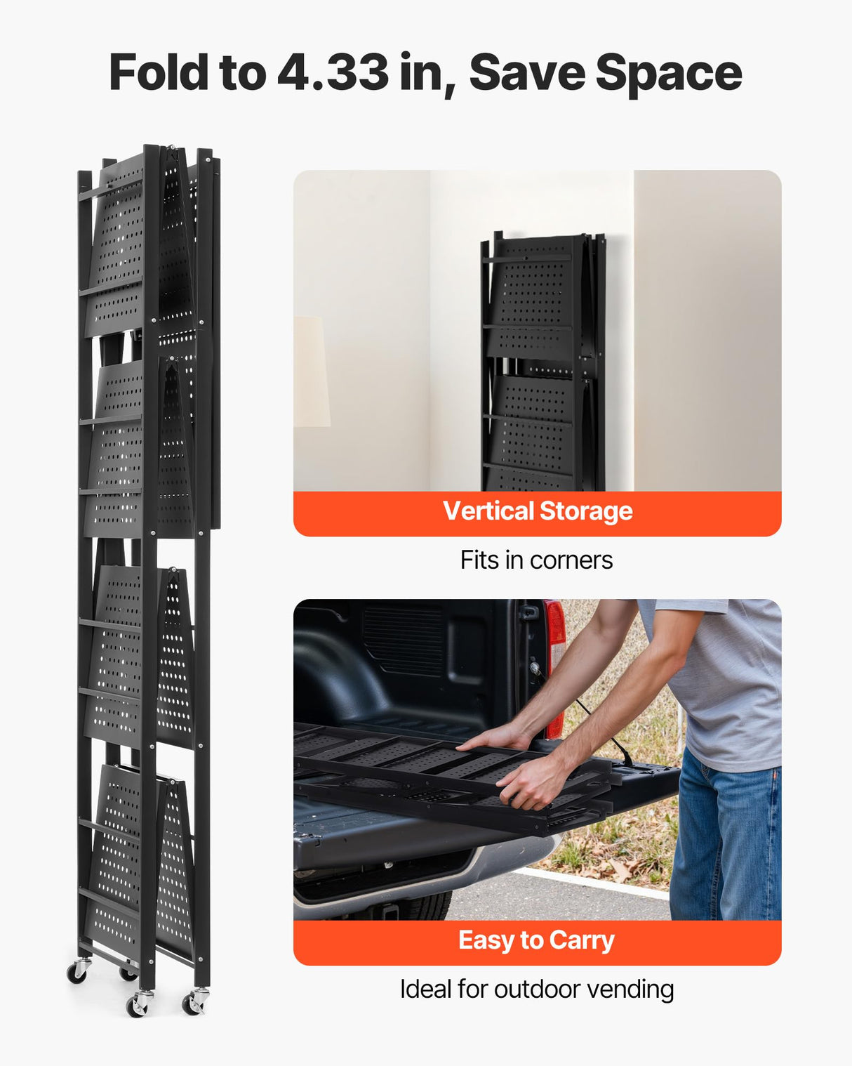 VEVOR 5-Tier Foldable Storage Shelf, 28W x 15D x 64H Inch Folding Metal Rack Shelving Unit, No Assembly Organizer Shelf with 5 Wheels & 4 Hooks for Pantry, Kitchen, Garage, Basement, Black VEVOR